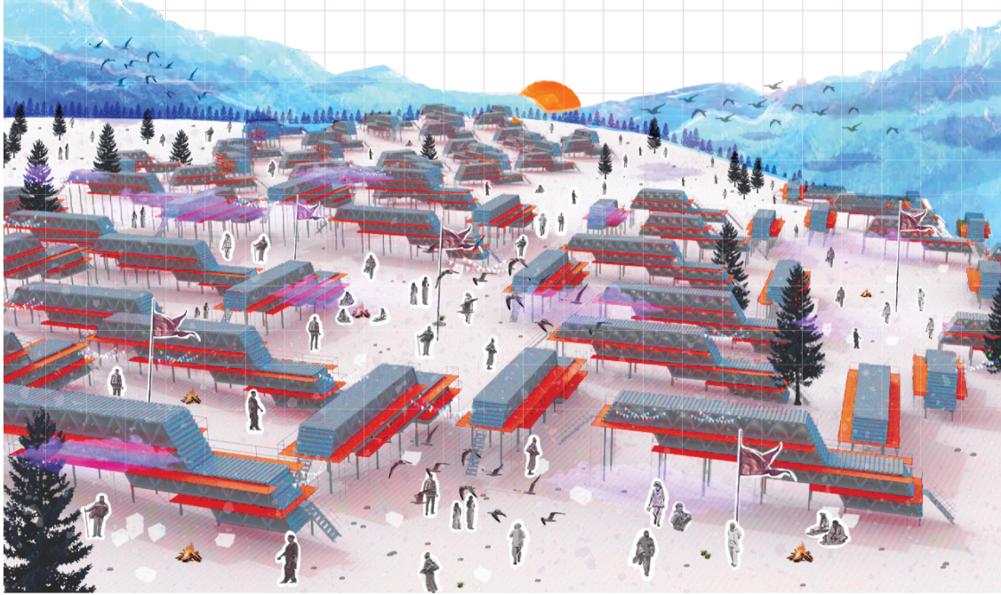 Elevated perspective of the camp layout with red and grey roofed structures distributed among gathered figures