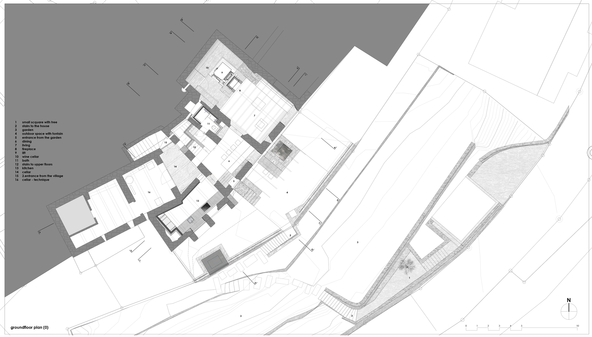 Ground floor plan drawing showing clustered volumes with adjacent terraced landscape and topographic lines
