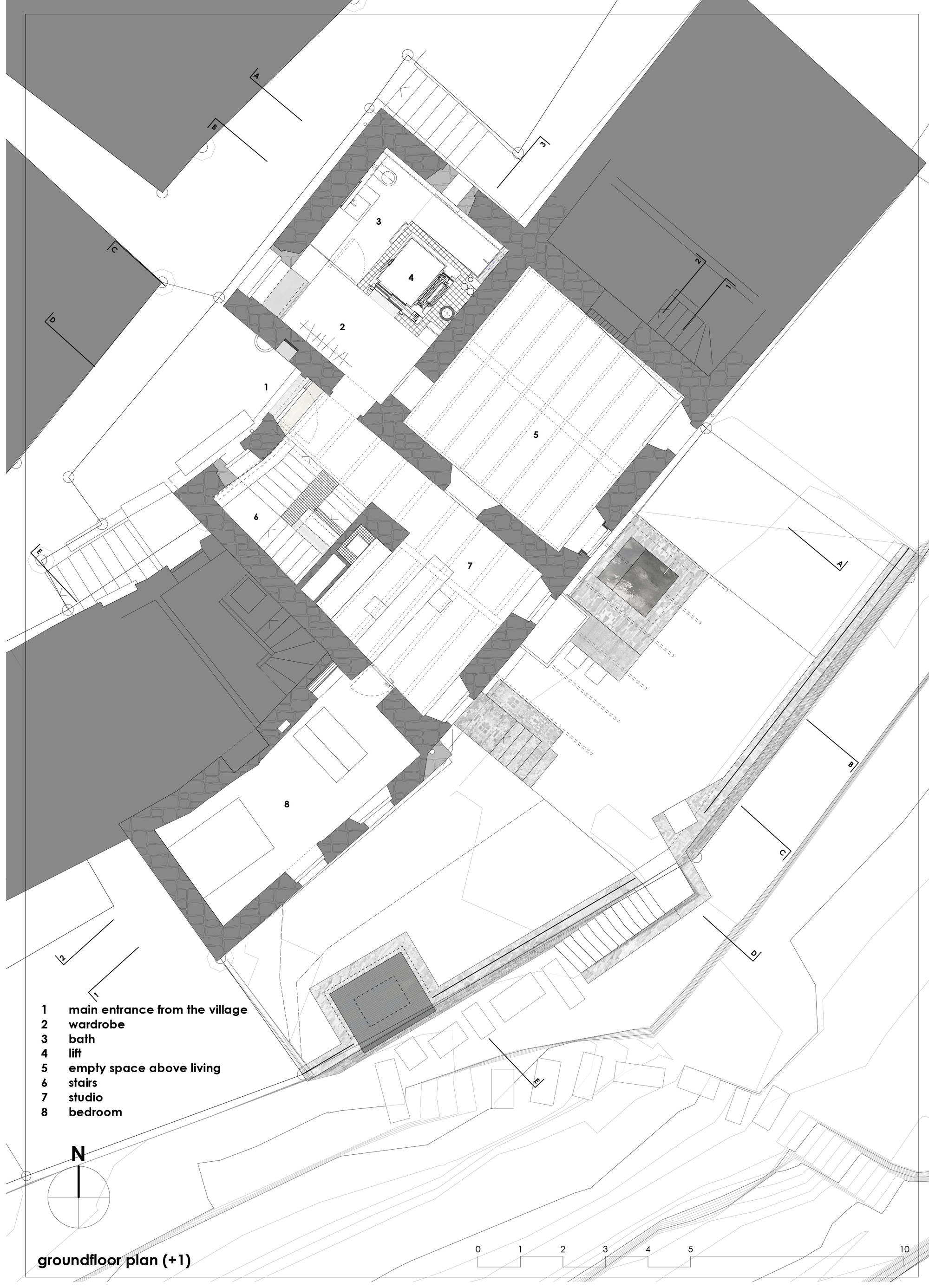 Ground floor plan drawing showing irregular interconnected rooms with stairs and courtyards within thick masonry walls