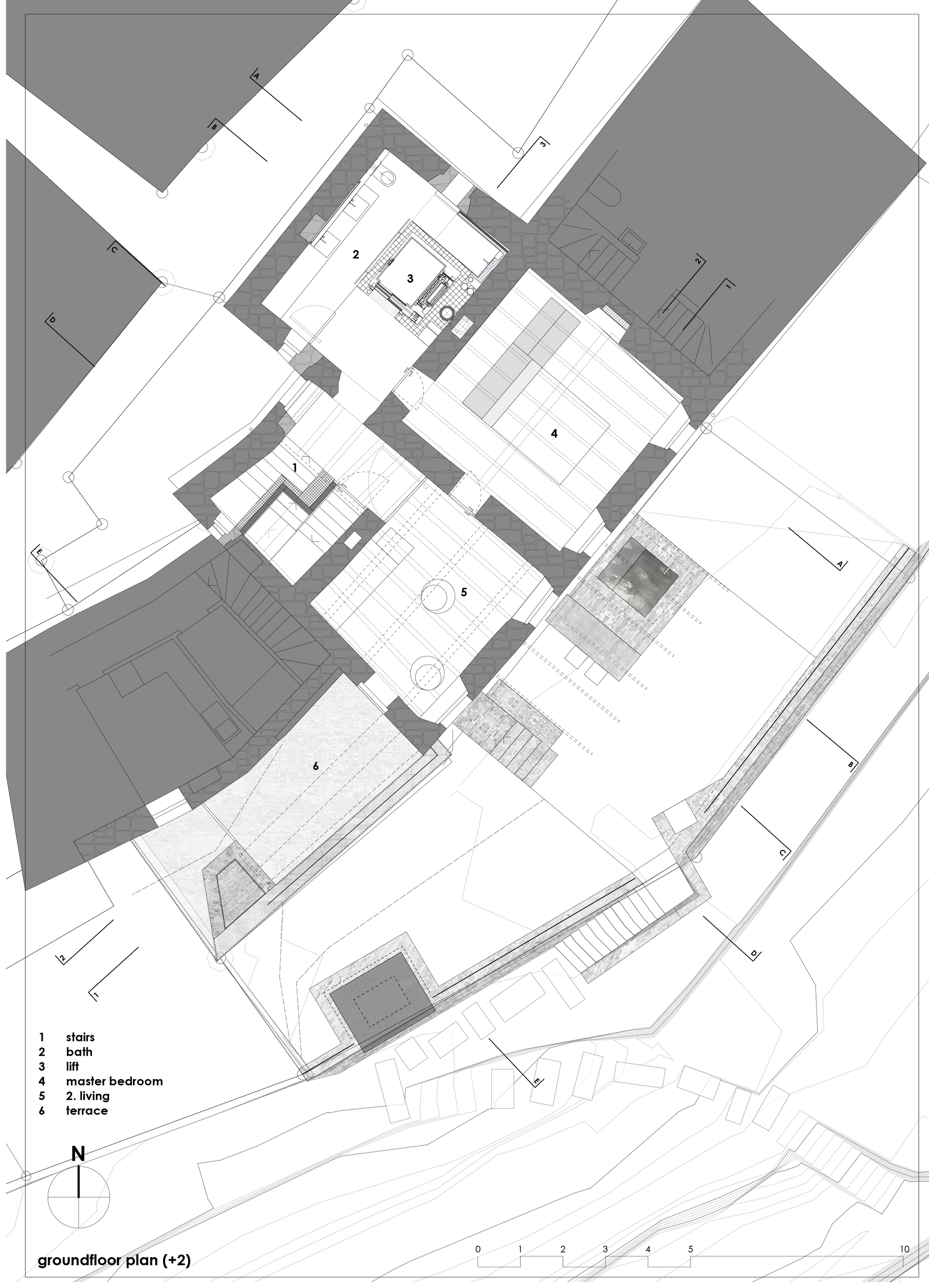 Ground floor plan drawing showing living spaces and terraces arranged around central courtyard with existing structures