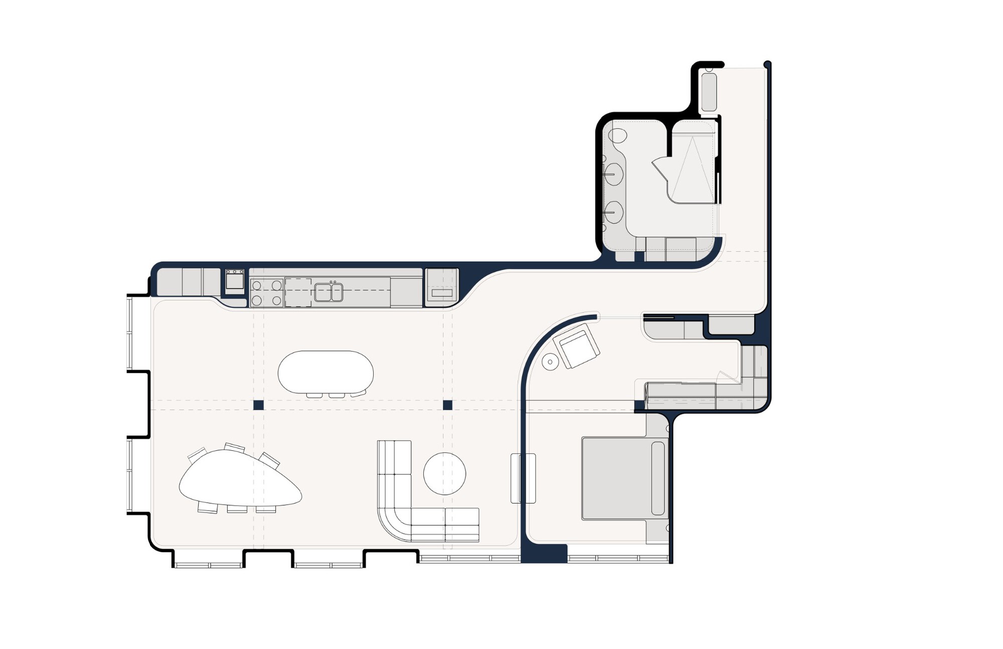 Floor plan drawing showing an open-plan living area with offset bedroom and bathroom wing