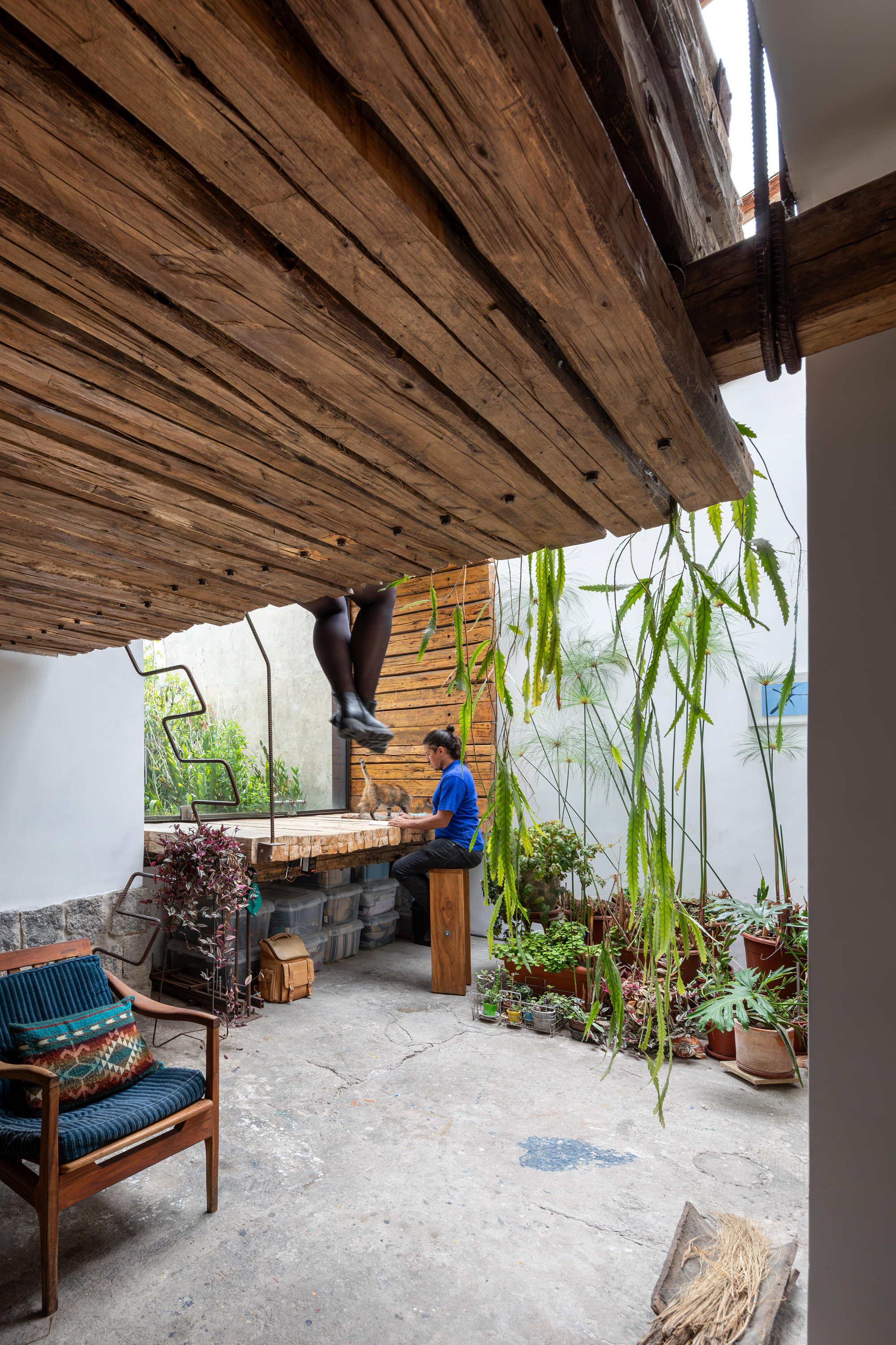 Covered courtyard with reclaimed timber beam ceiling and potted plants with a person working