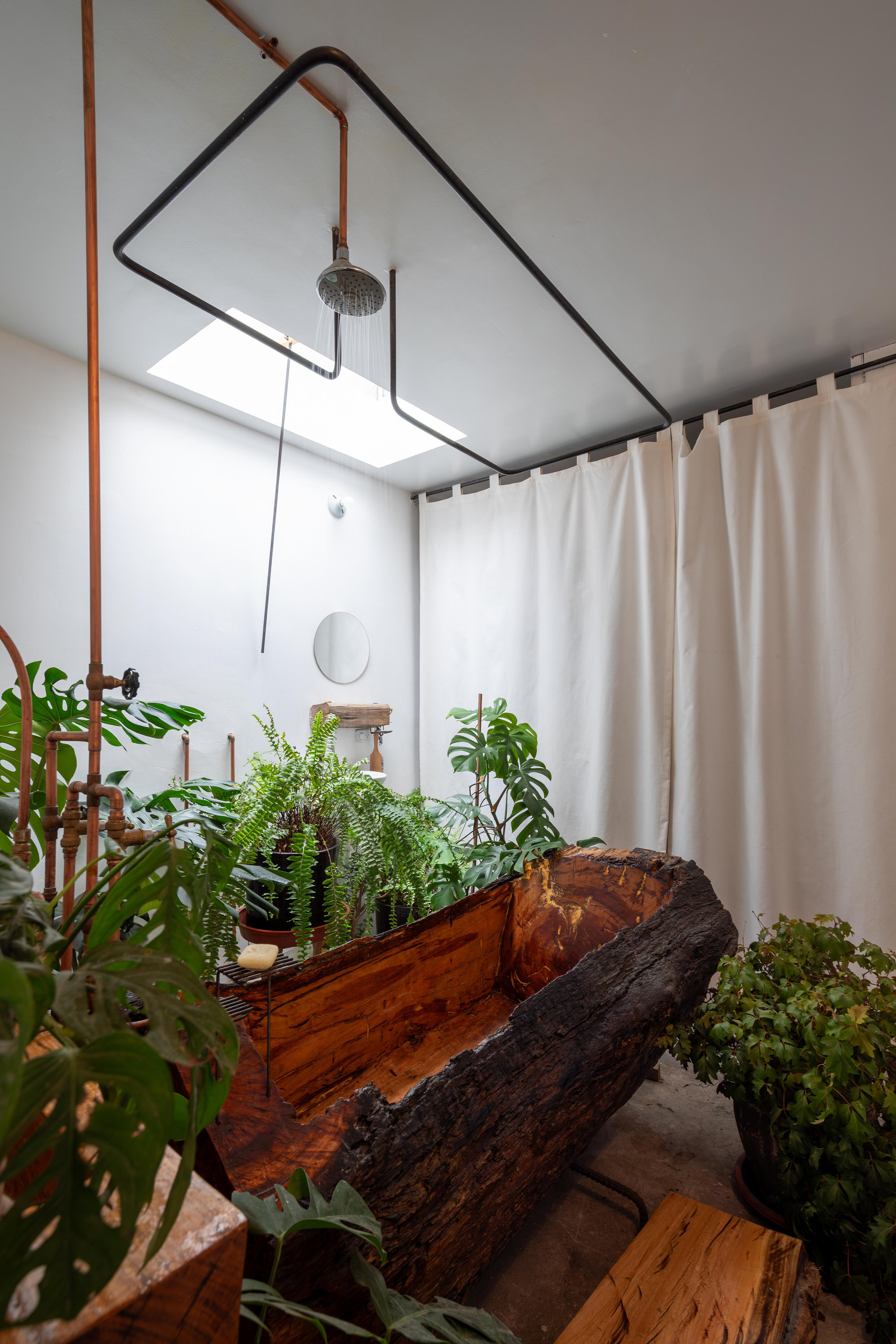 Bathroom with curved timber bathtub carved from a log surrounded by potted plants
