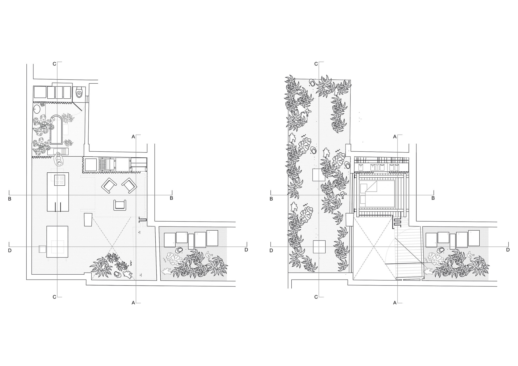 Floor plan drawings showing two levels with planted courtyard and interior layout