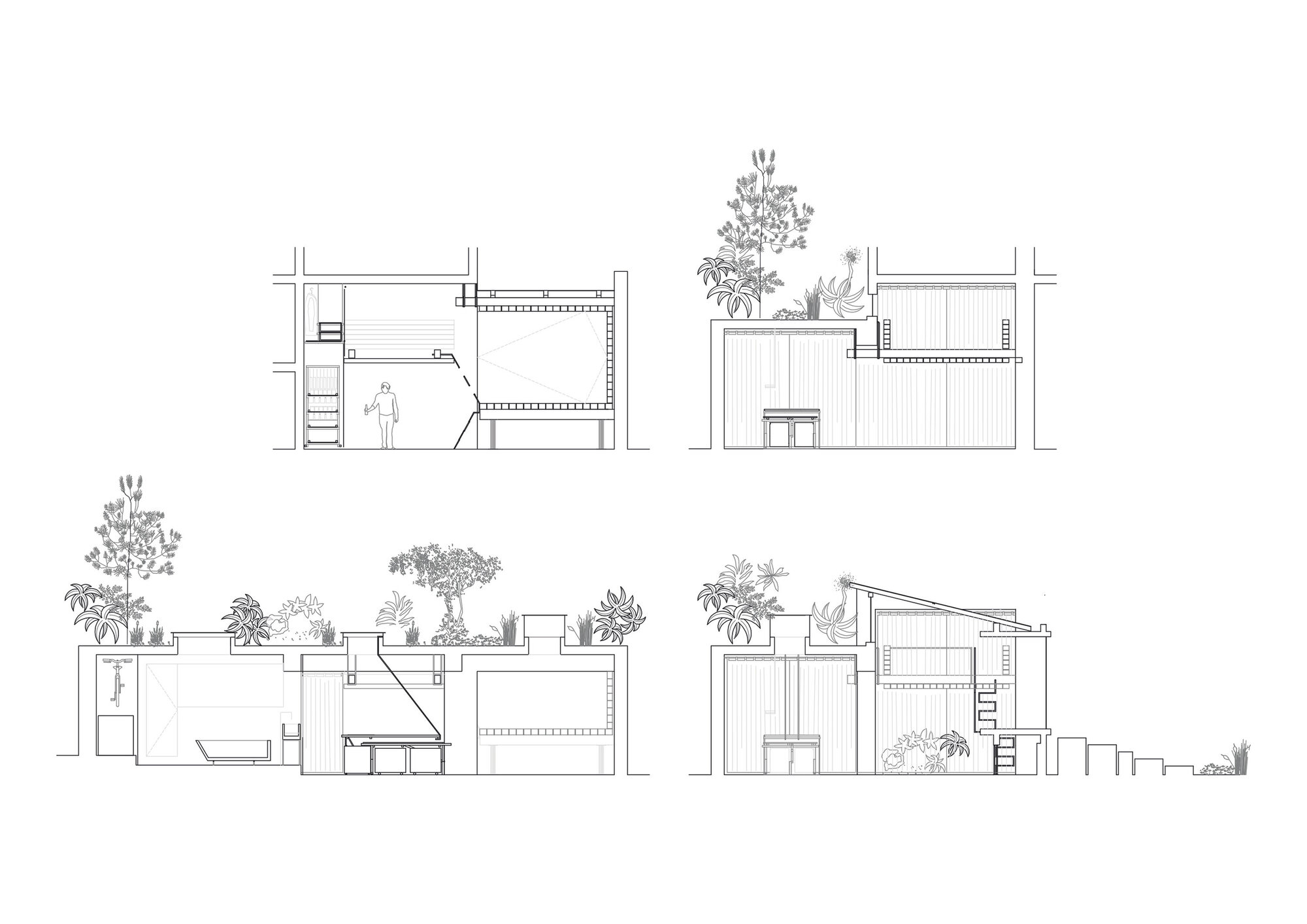 Section drawings showing interior spaces with planted rooftop terraces and a figure for scale