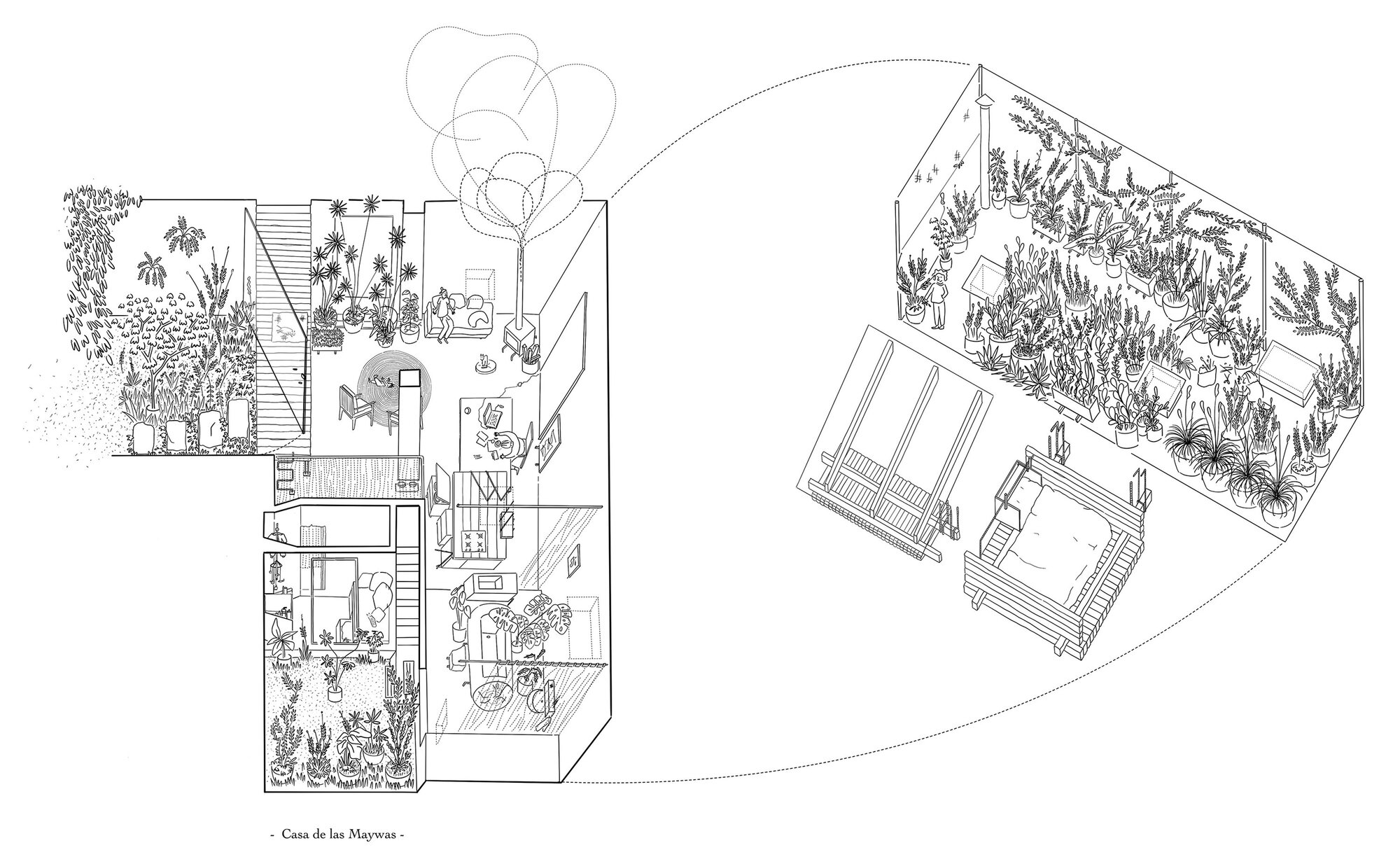 Cutaway isometric and roof plan drawings revealing planted terraces and interior layouts