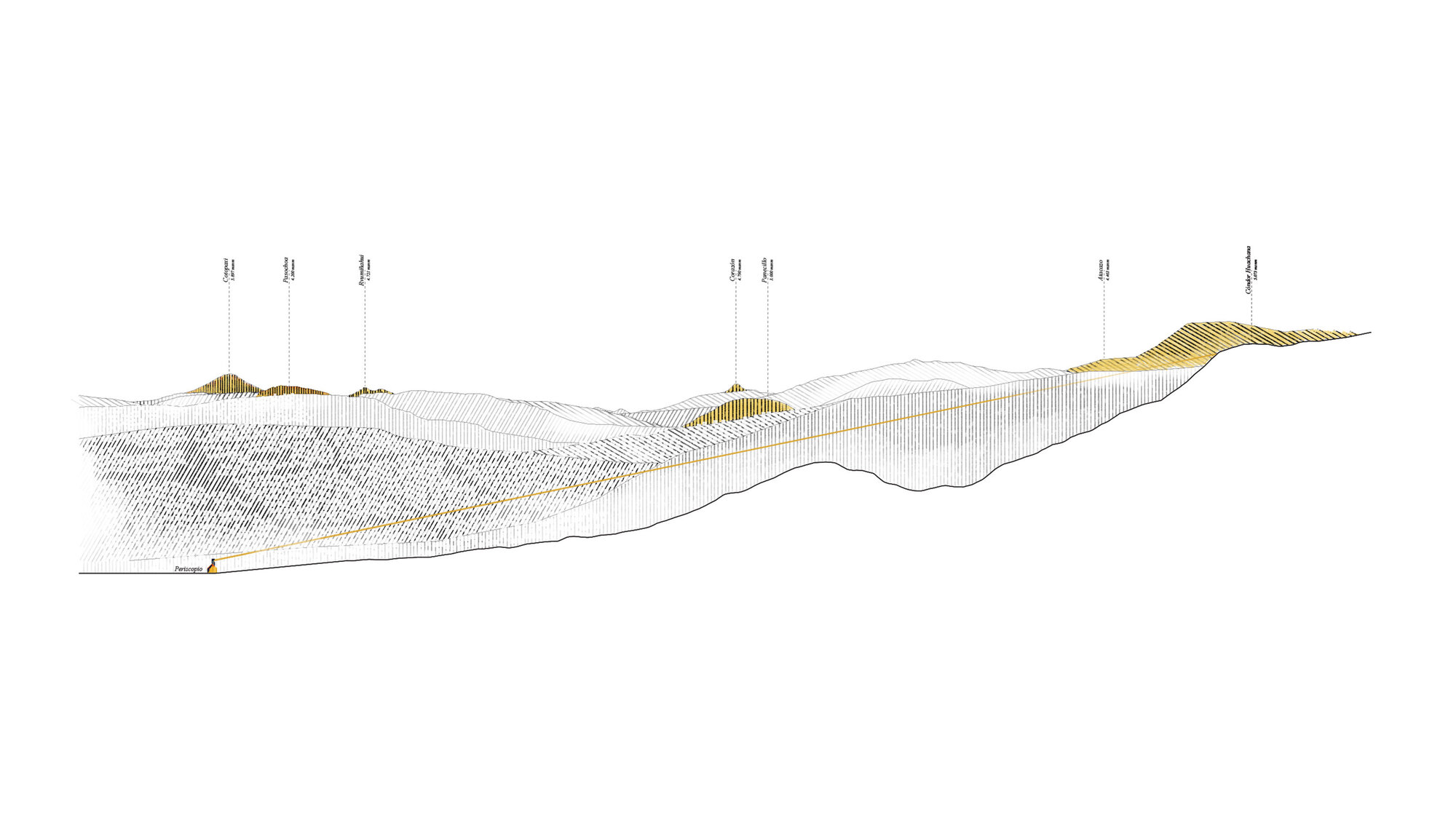 Longitudinal section drawing showing the structure nestled within undulating terrain and vegetation