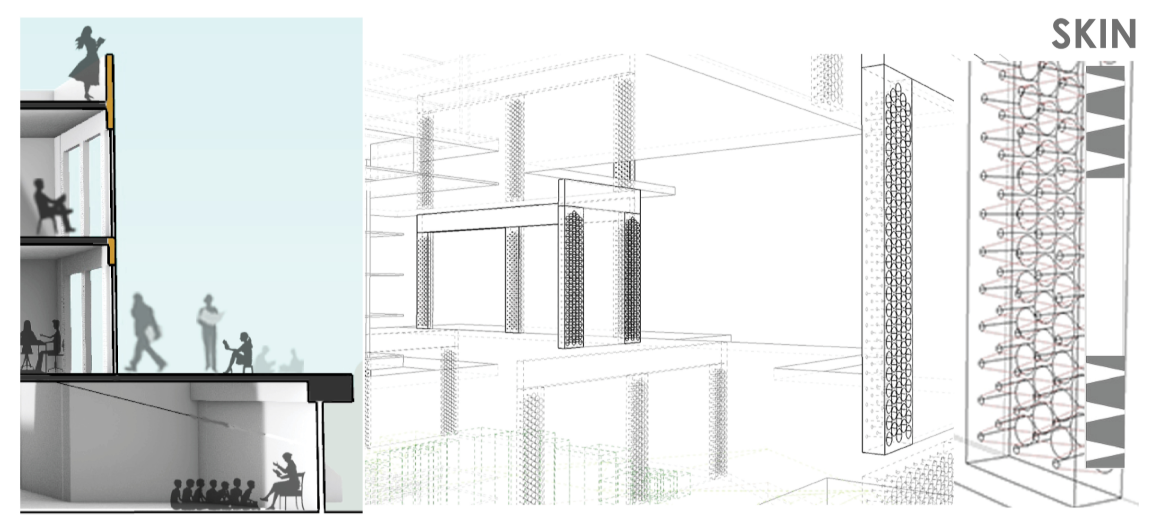 Detailed study of the responsive façade skin designed to support airflow, shading, and environmental control.