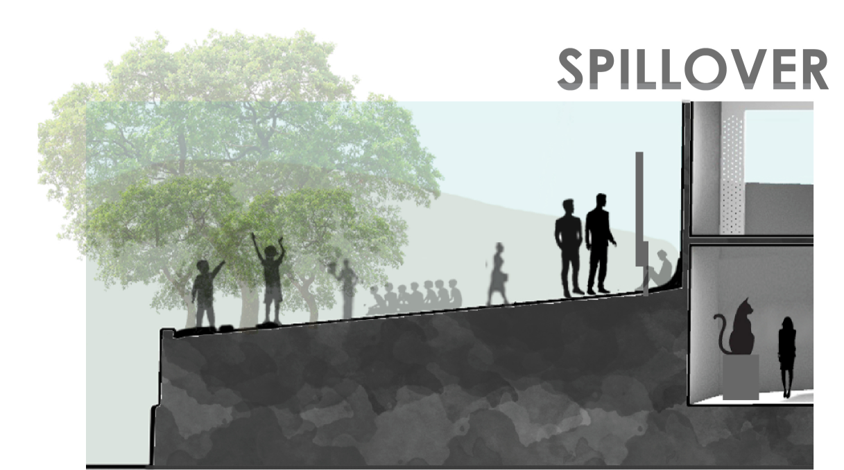 Landscape spillover zone extending the community library into an informal outdoor gathering space.