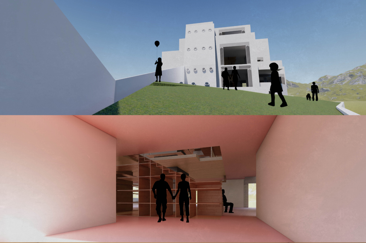 Exterior and interior views showing the library’s stepped massing, shared spaces, and central information core.