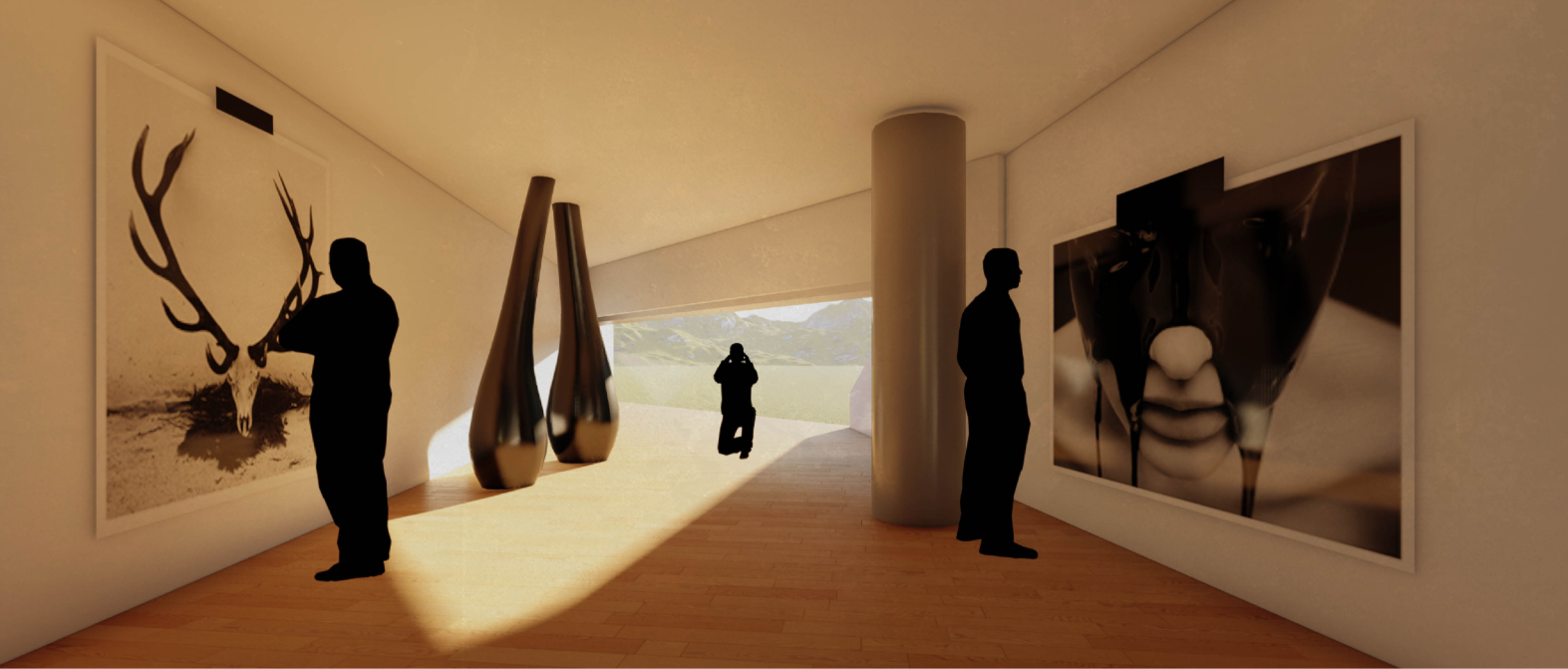 Warm exhibition gallery designed for art displays, public interaction, and cultural programming.