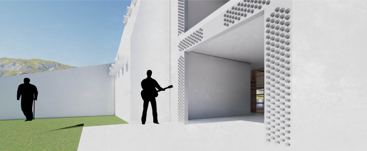 Perforated entrance façade creating filtered light, ventilation, and a welcoming connection to the landscape.