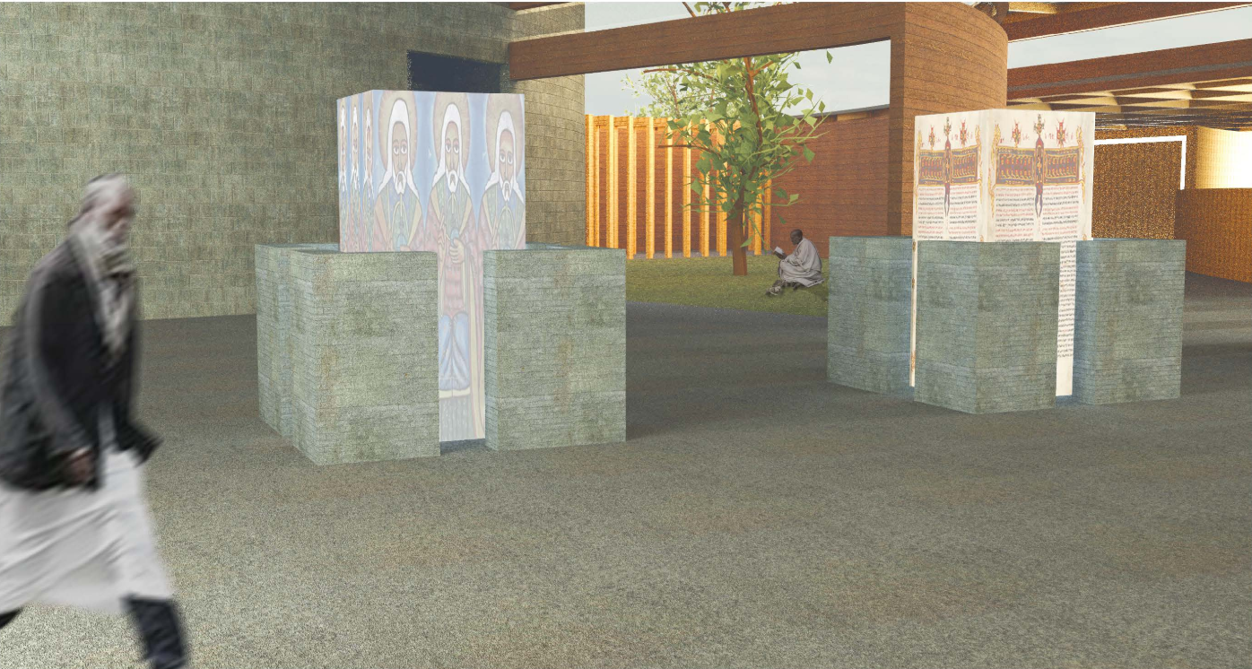 Religious icons and textured volumes create a contemplative threshold within the chapel.