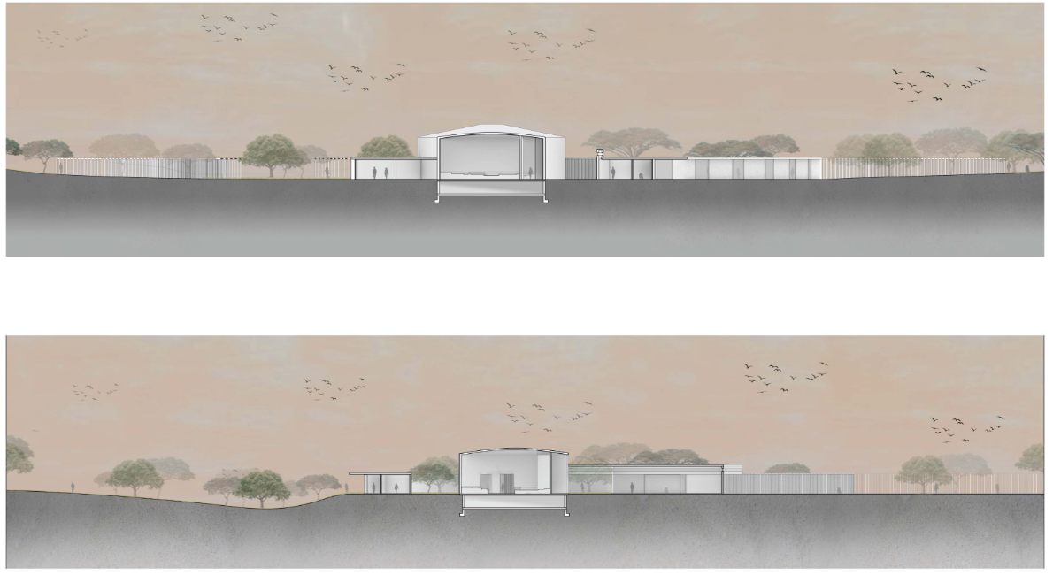 Building sections reveal a low chapel profile rooted within the surrounding Ethiopian landscape.