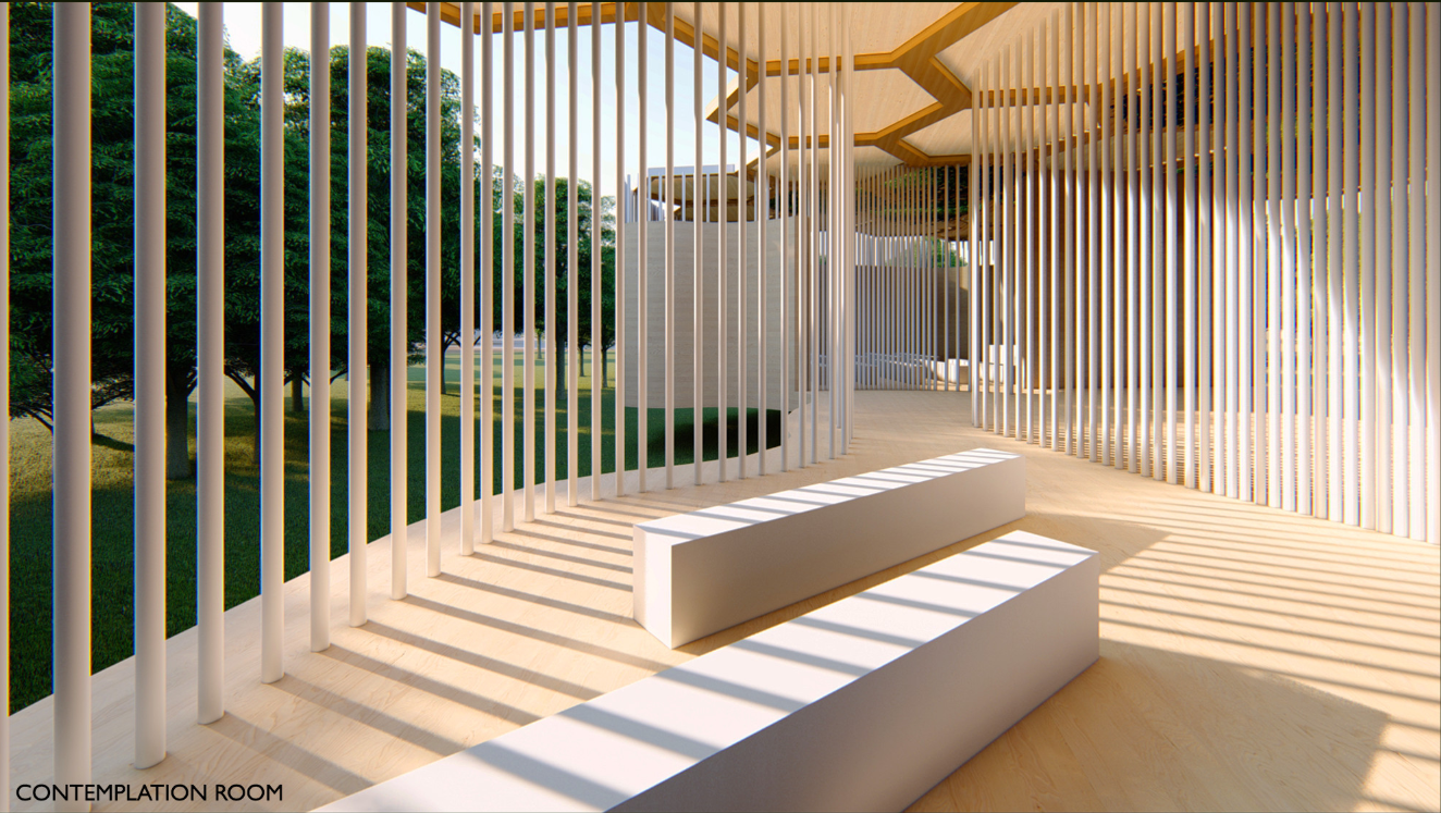 Eco Chapel’s modular canopy flows through the forest, blending architecture with greenery.