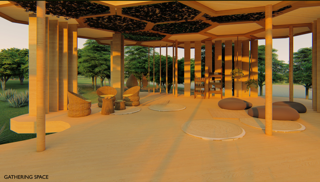 The gathering space creates a warm social setting beneath planted hexagonal roof modules.