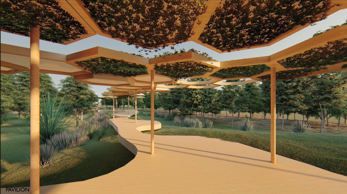 The pavilion walkway moves gently through the landscape under a green modular canopy.