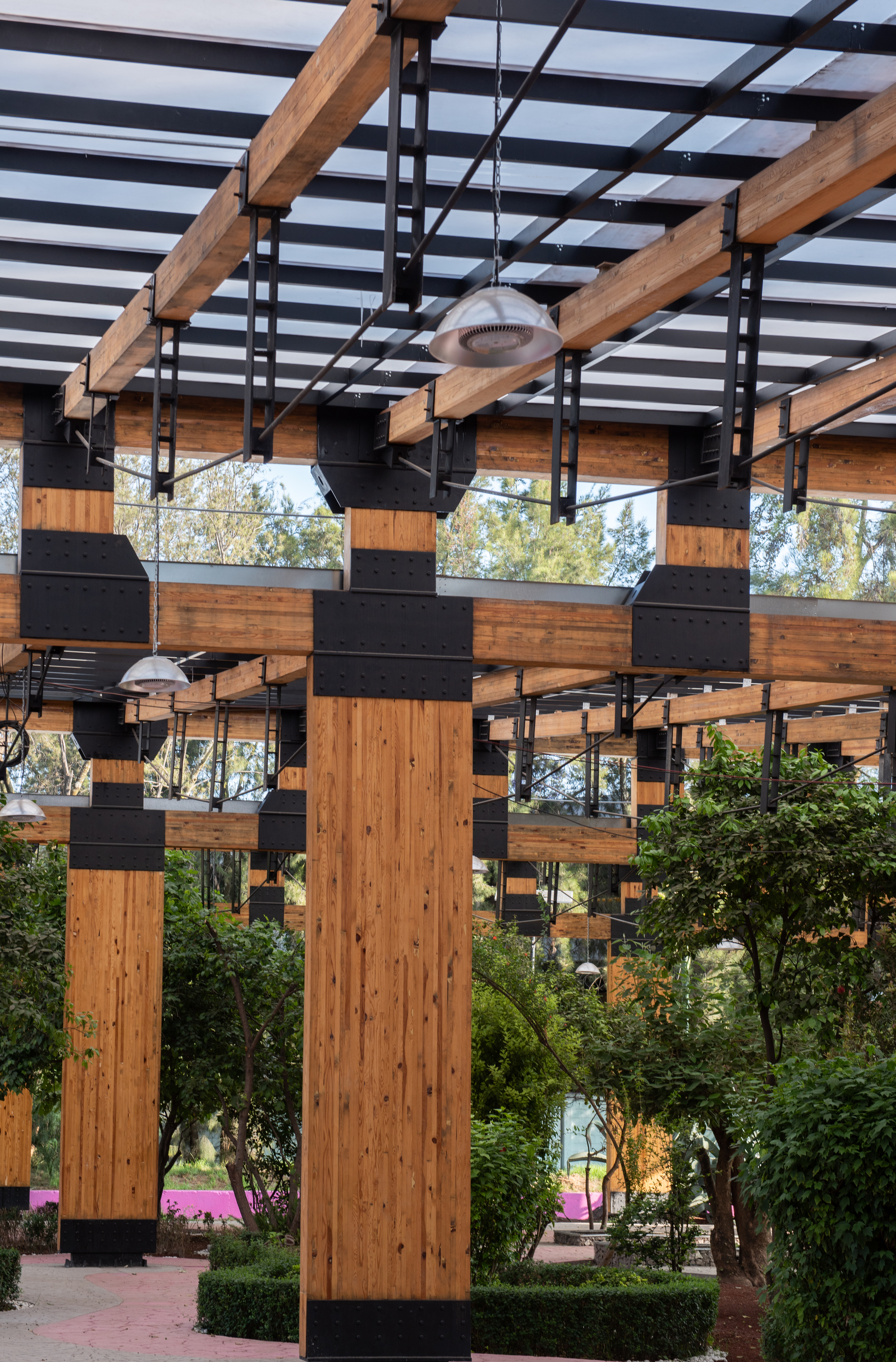 Row of laminated timber columns with black steel plate joints and hanging lamps, framed by clipped hedges and trees
