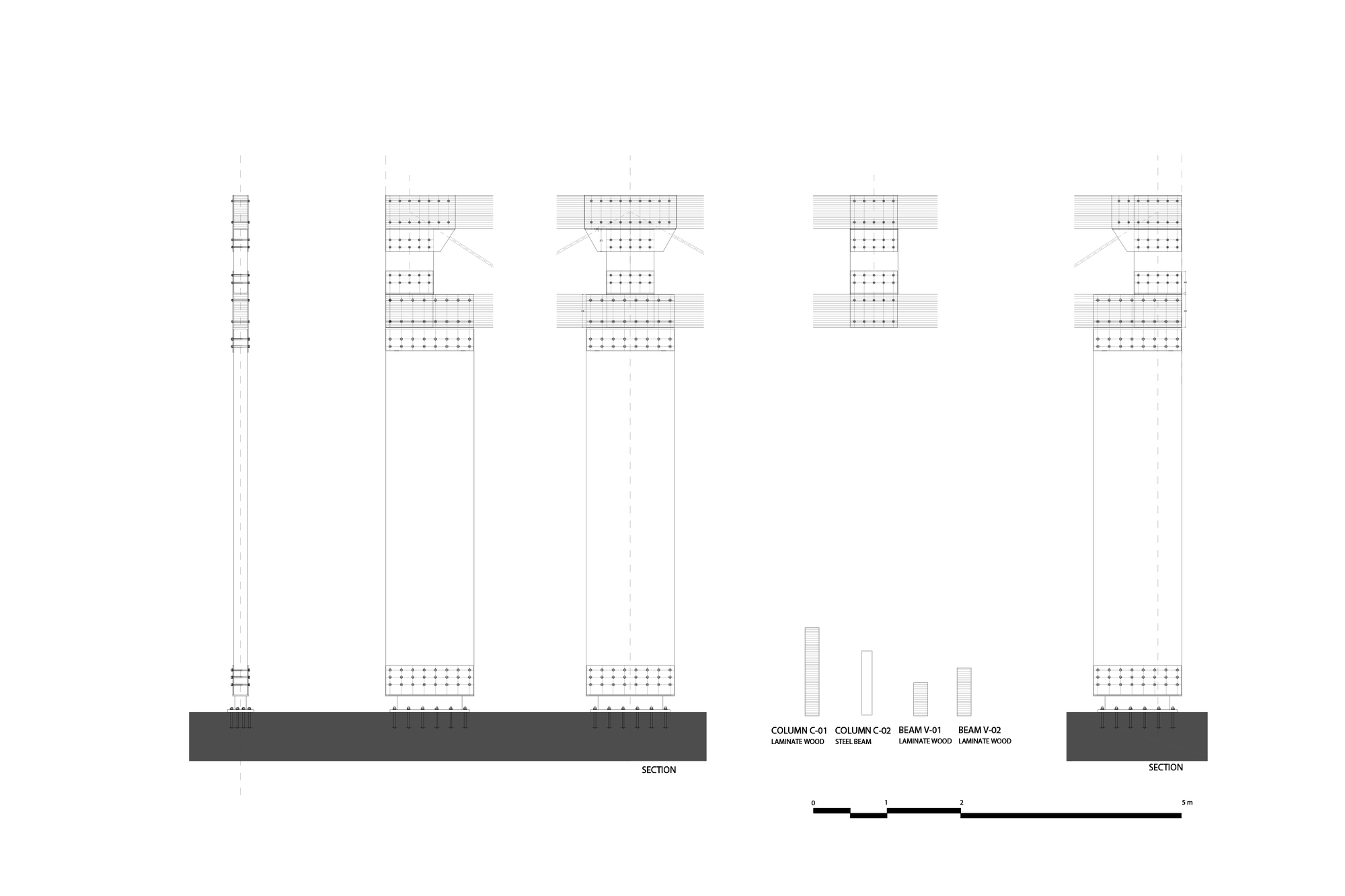 Section drawing of laminated wood and steel column and beam connections, with bolt patterns and a scale bar below