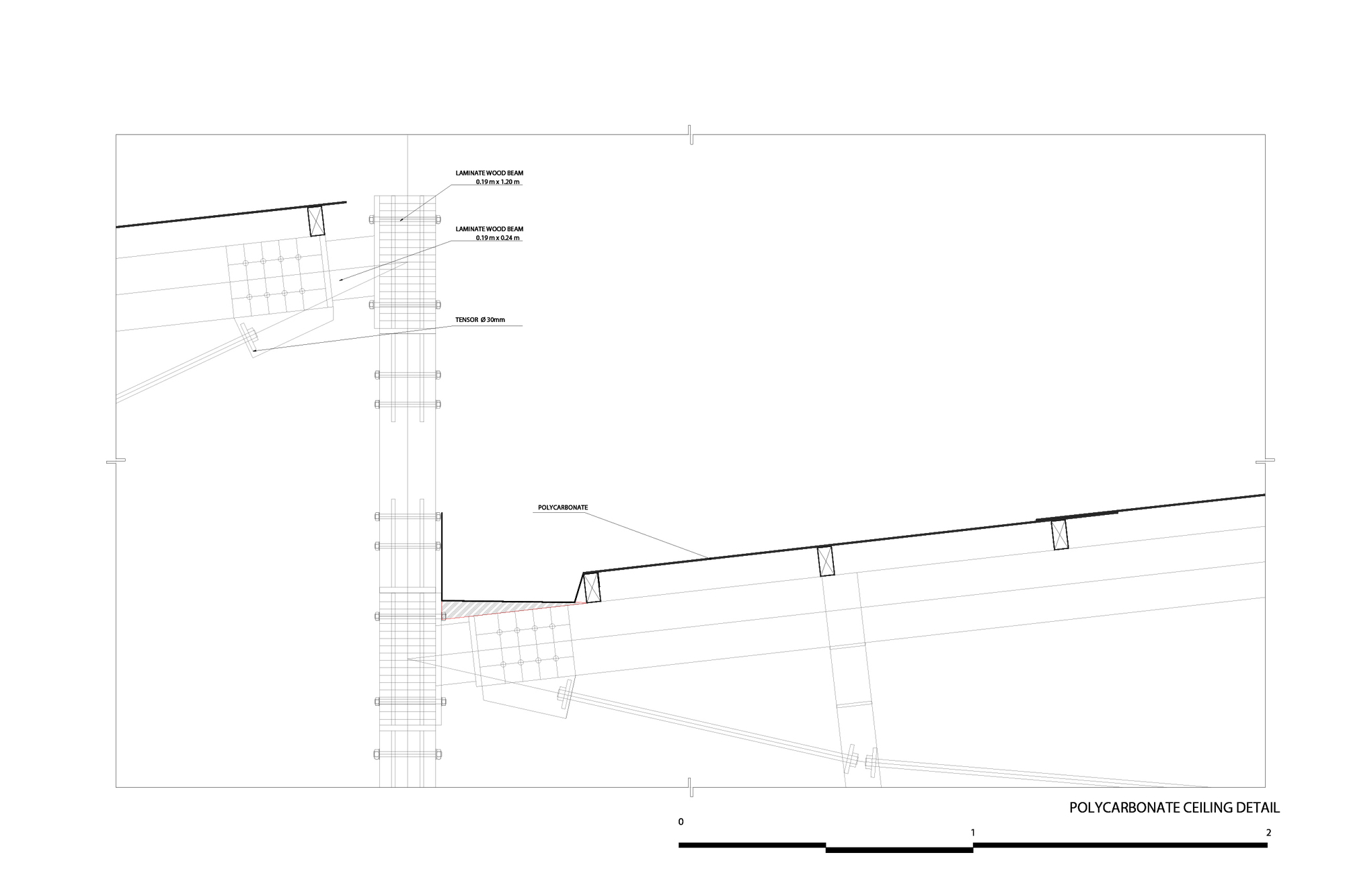 Section detail drawing of the polycarbonate ceiling, showing laminated wood beams, tension rods and sloped roof panels on a column