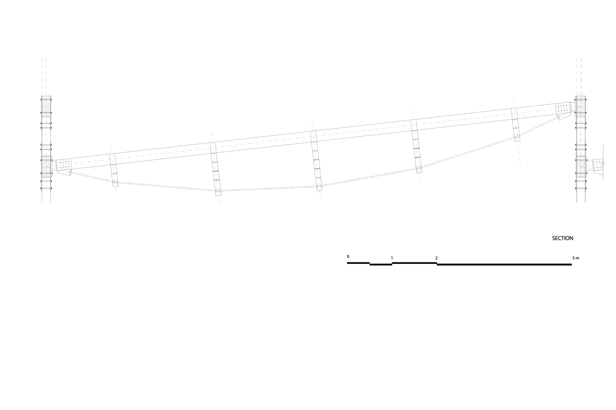 Section drawing of a single roof truss spanning between two steel columns, with a bowed lower chord and vertical struts