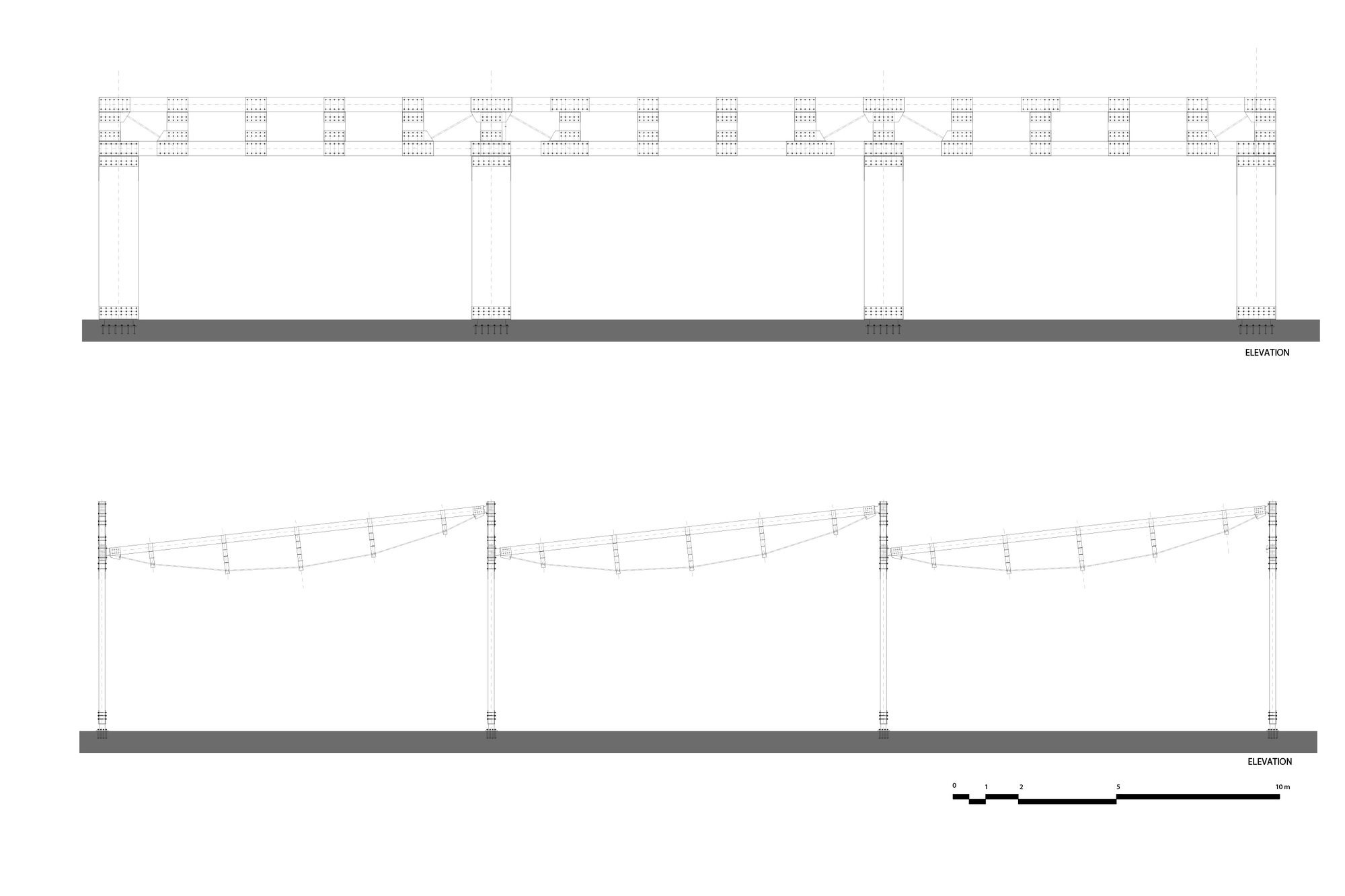 Two elevation drawings of a repeating steel frame, showing four columns and truss spans in a long row above a ground line