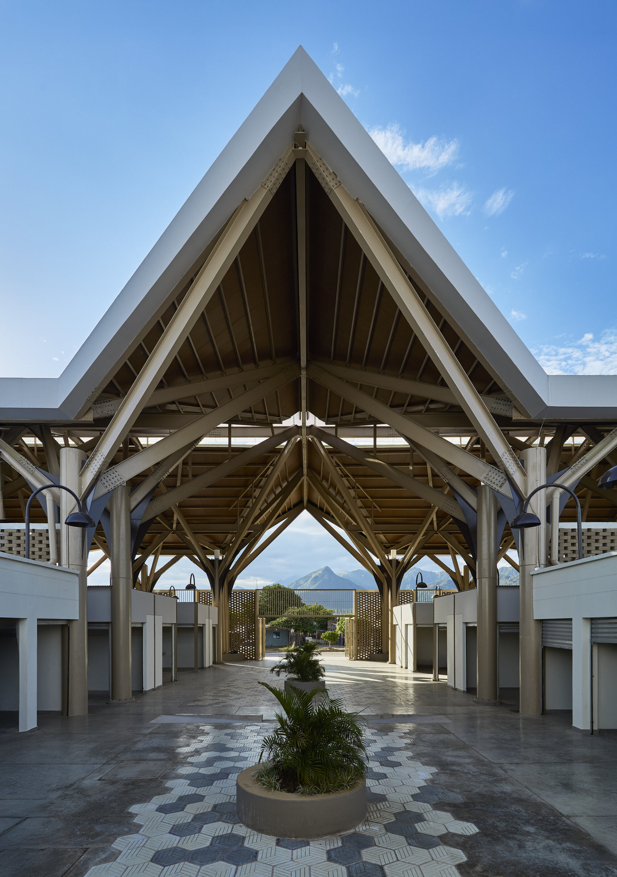 Covered entrance courtyard with exposed timber trusses, steel columns, and circular planters on patterned stone paving