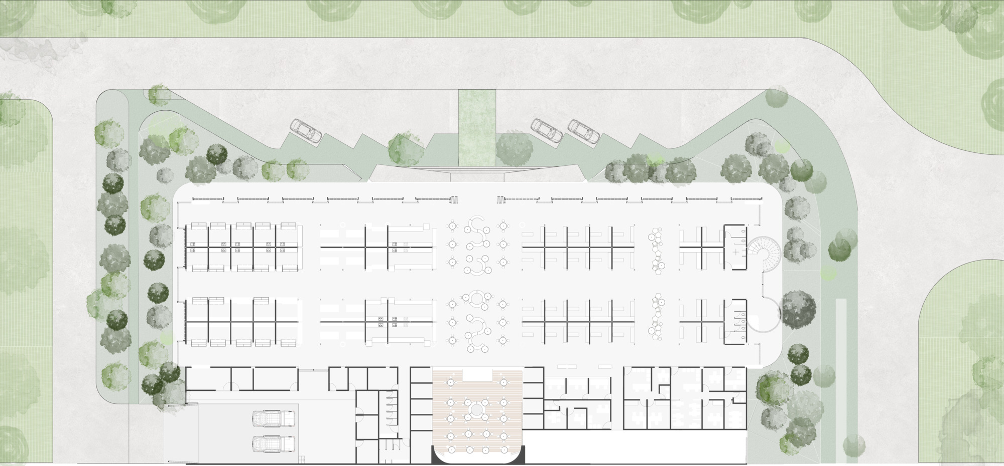 Floor plan drawing showing open market stalls beneath a central hall surrounded by perimeter planting