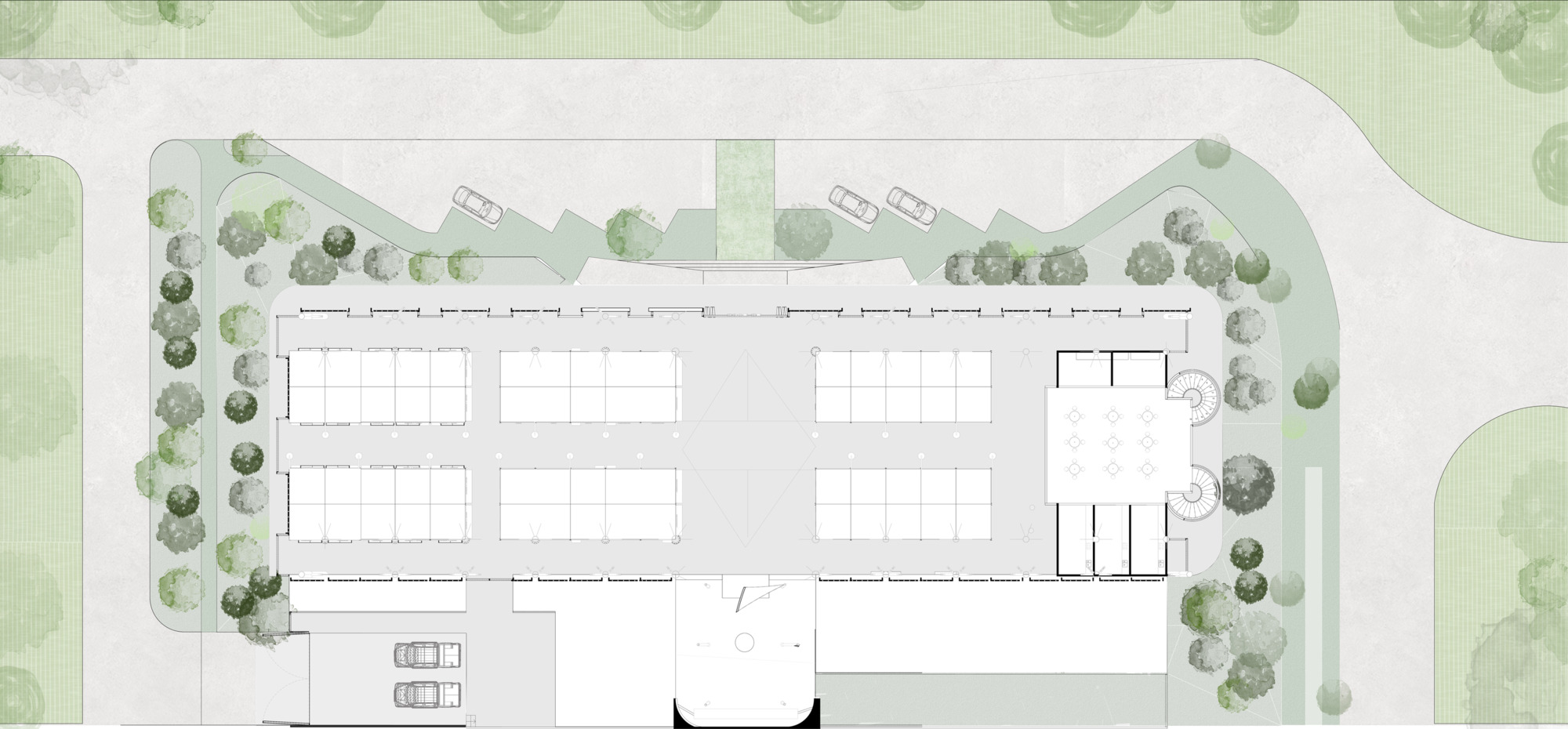 Roof plan drawing showing three sheltered market bays with tree canopies along the edges