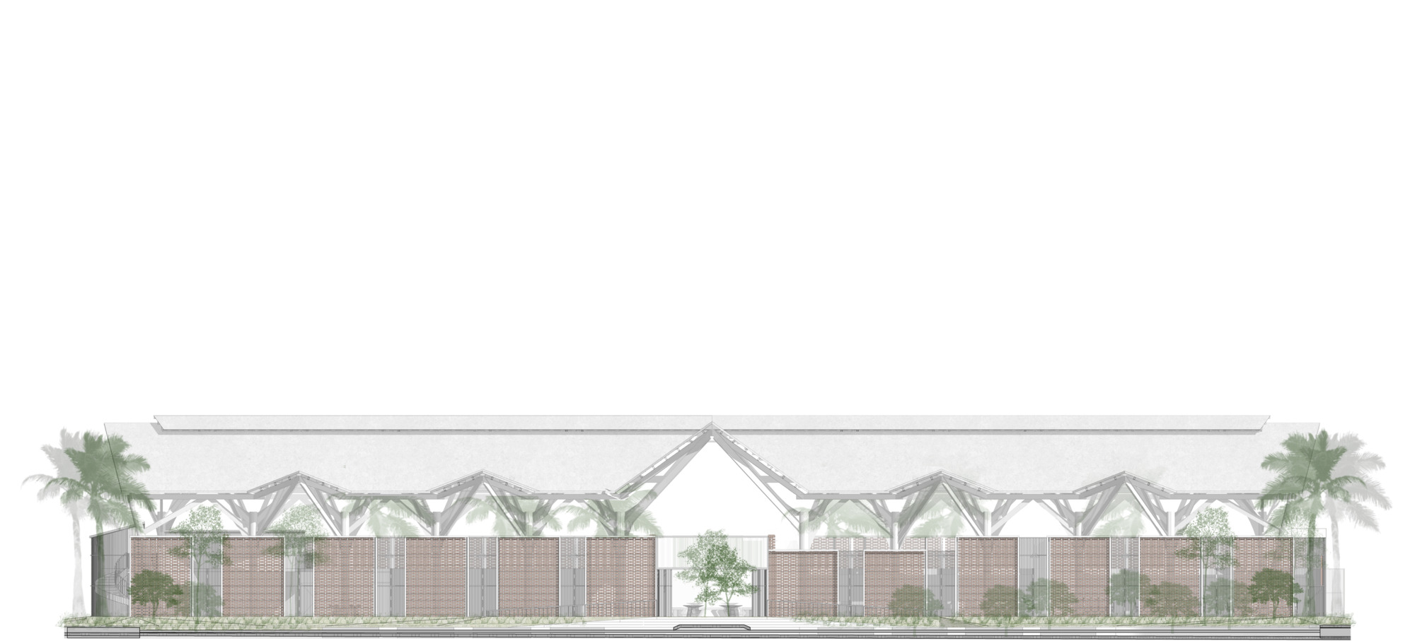 Elevation drawing depicting a long facade with triangular truss structure and planted courtyards