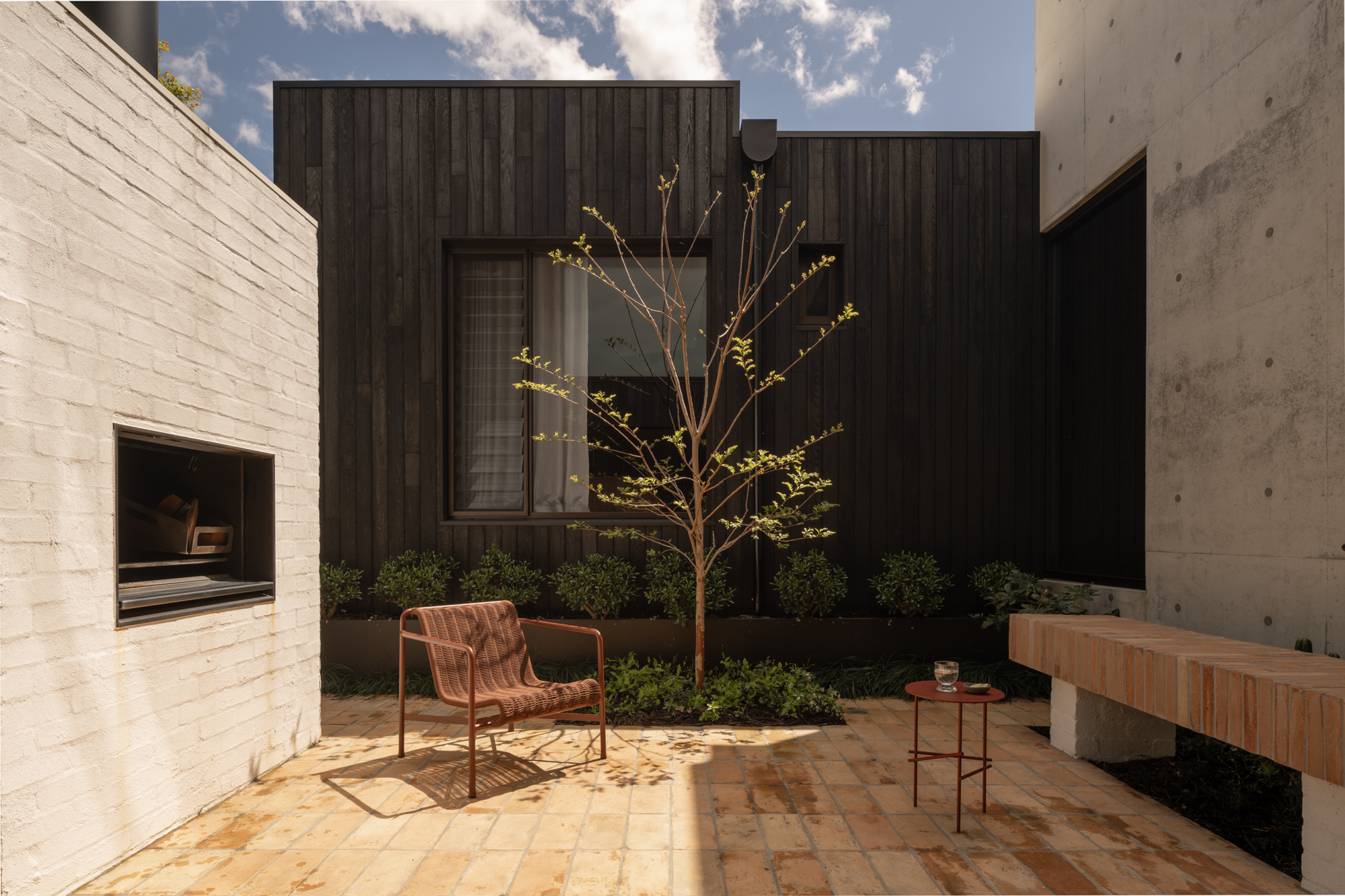 Courtyard with sandstone paving, a young tree, and walls of white brick, dark timber cladding, and board-formed concrete