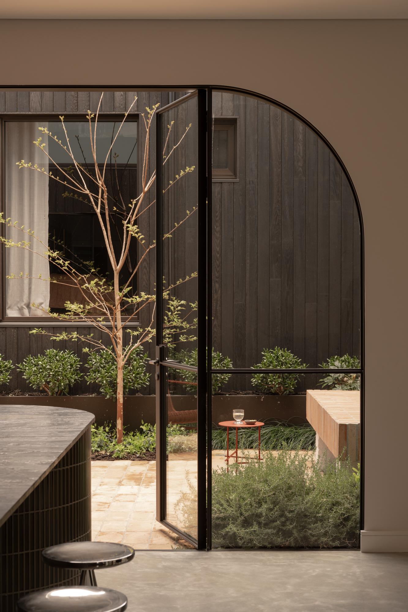 Arched steel-framed glass door opening to a courtyard with a young tree and planted beds