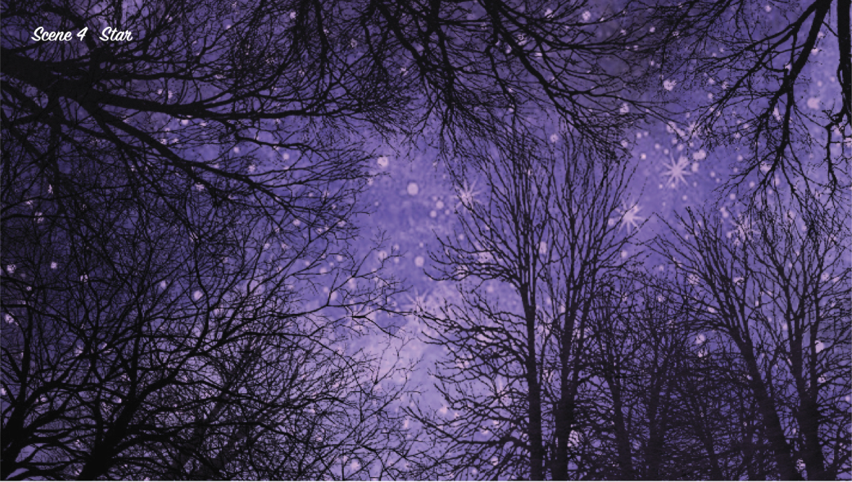 Scene 4 creates a contemplative night atmosphere, where trees frame the sky and stars become part of the spiritual journey.