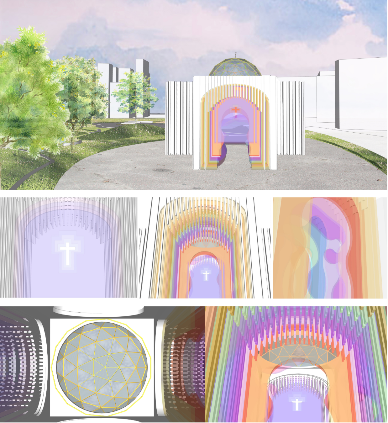 The chapel entrance uses layered color, arches, light, and a geometric dome to reinterpret Orthodox architectural symbolism.