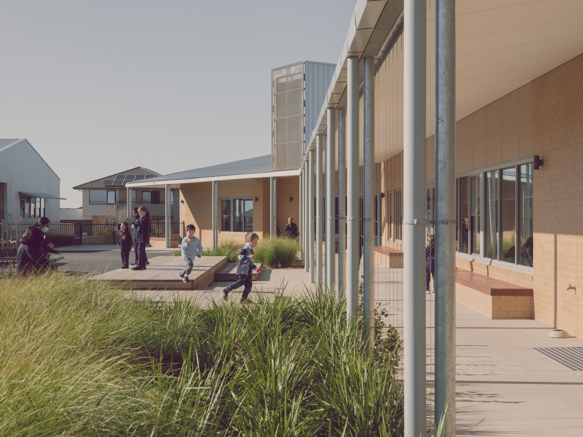 Covered walkway with steel columns alongside planted beds of ornamental grasses and timber seating with students passing through