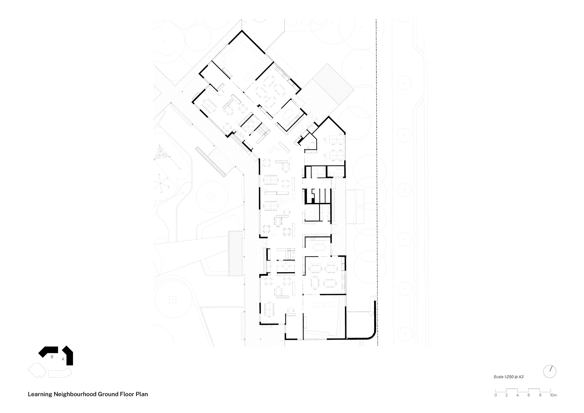 Ground floor plan drawing showing an angular layout with multiple rooms and corridors branching from a central circulation spine