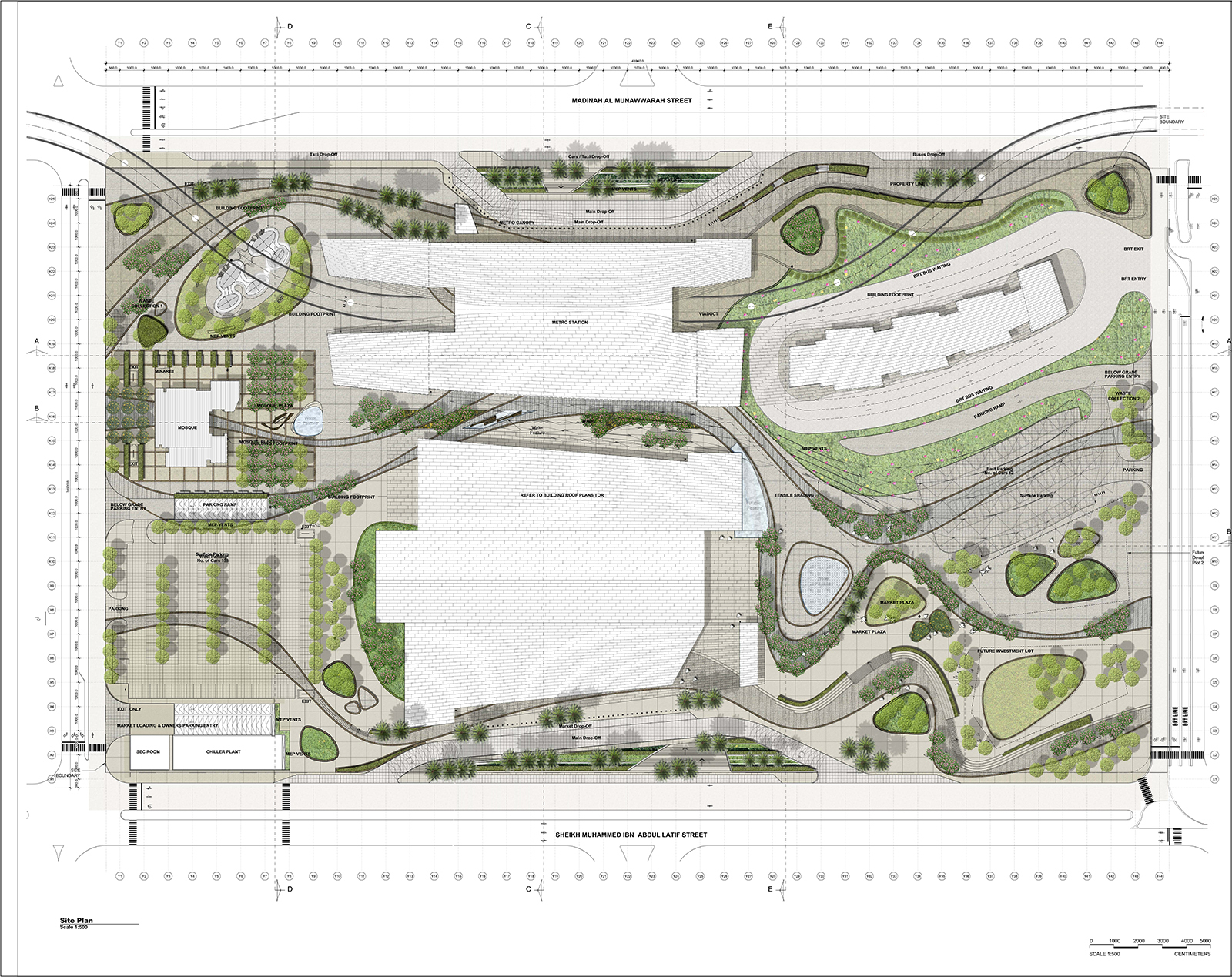 Site plan drawing showing the building footprint surrounded by curving roadways and landscaped zones