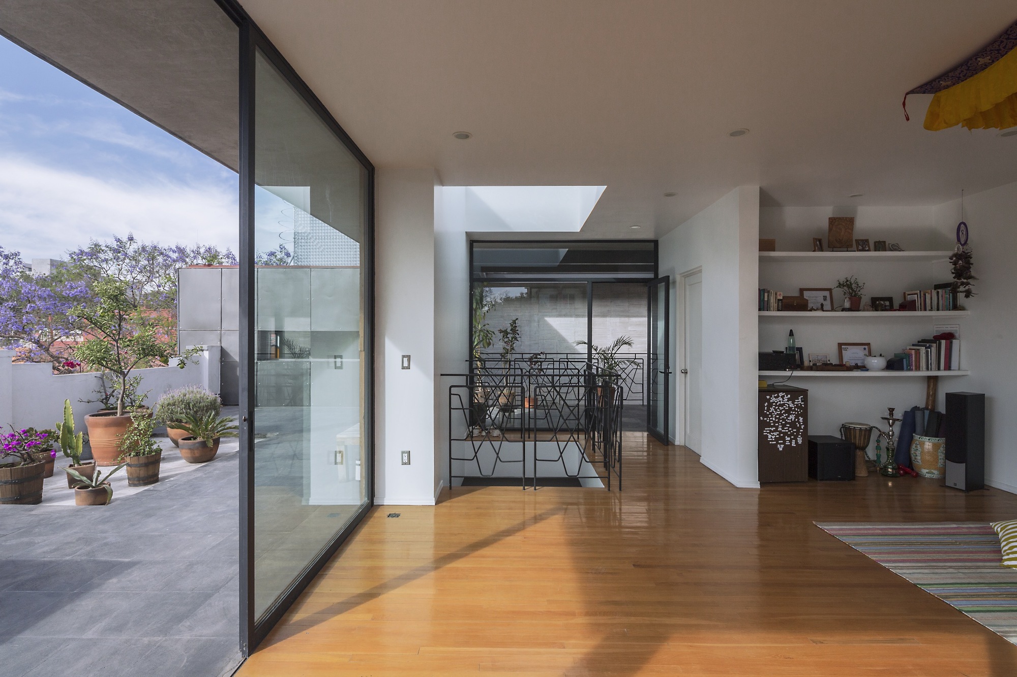 Upper floor living space opening through a sliding glass wall to a terrace with potted plants and a flowering jacaranda tree