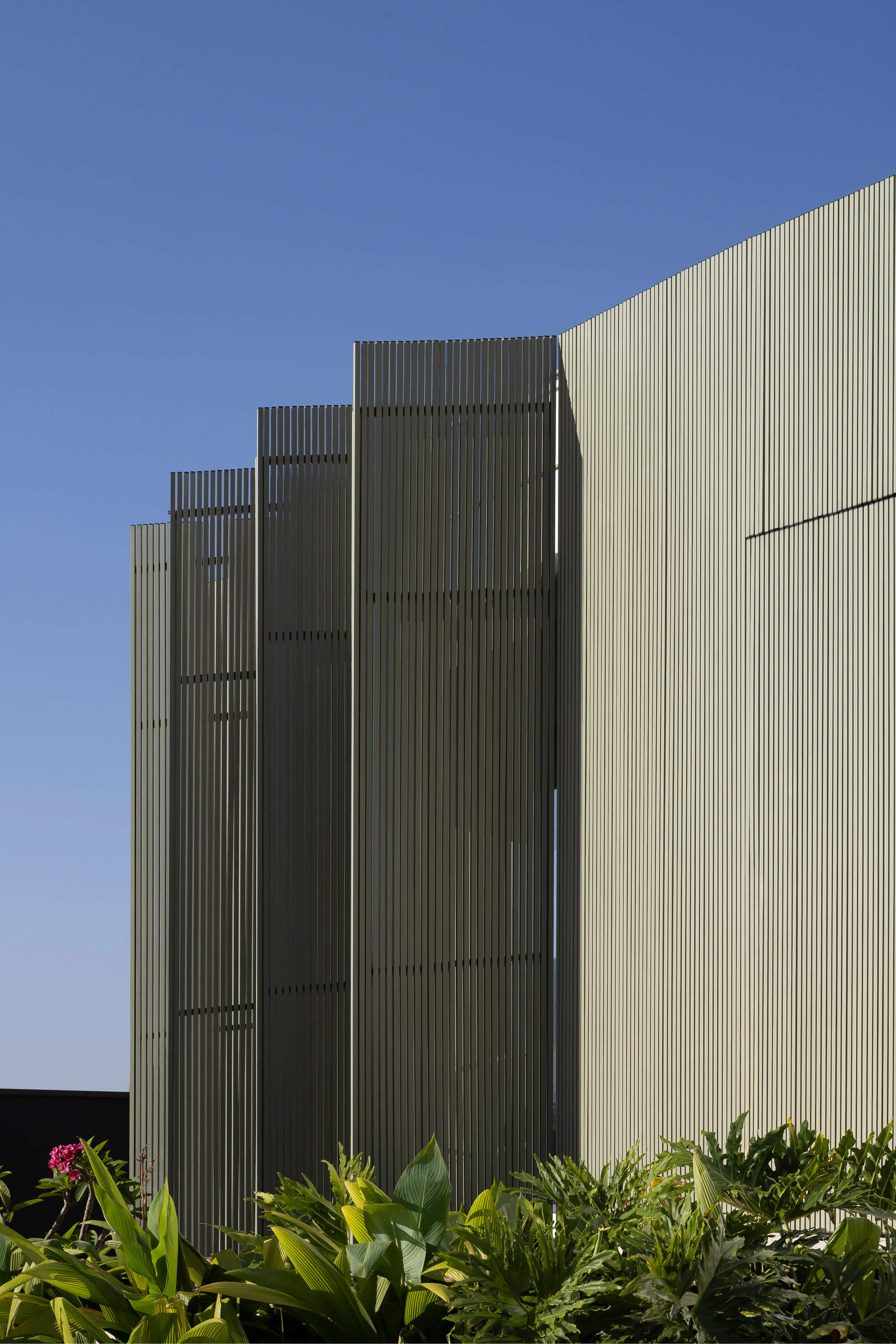 Stepped vertical timber screens in alternating light and dark tones above planted garden beds