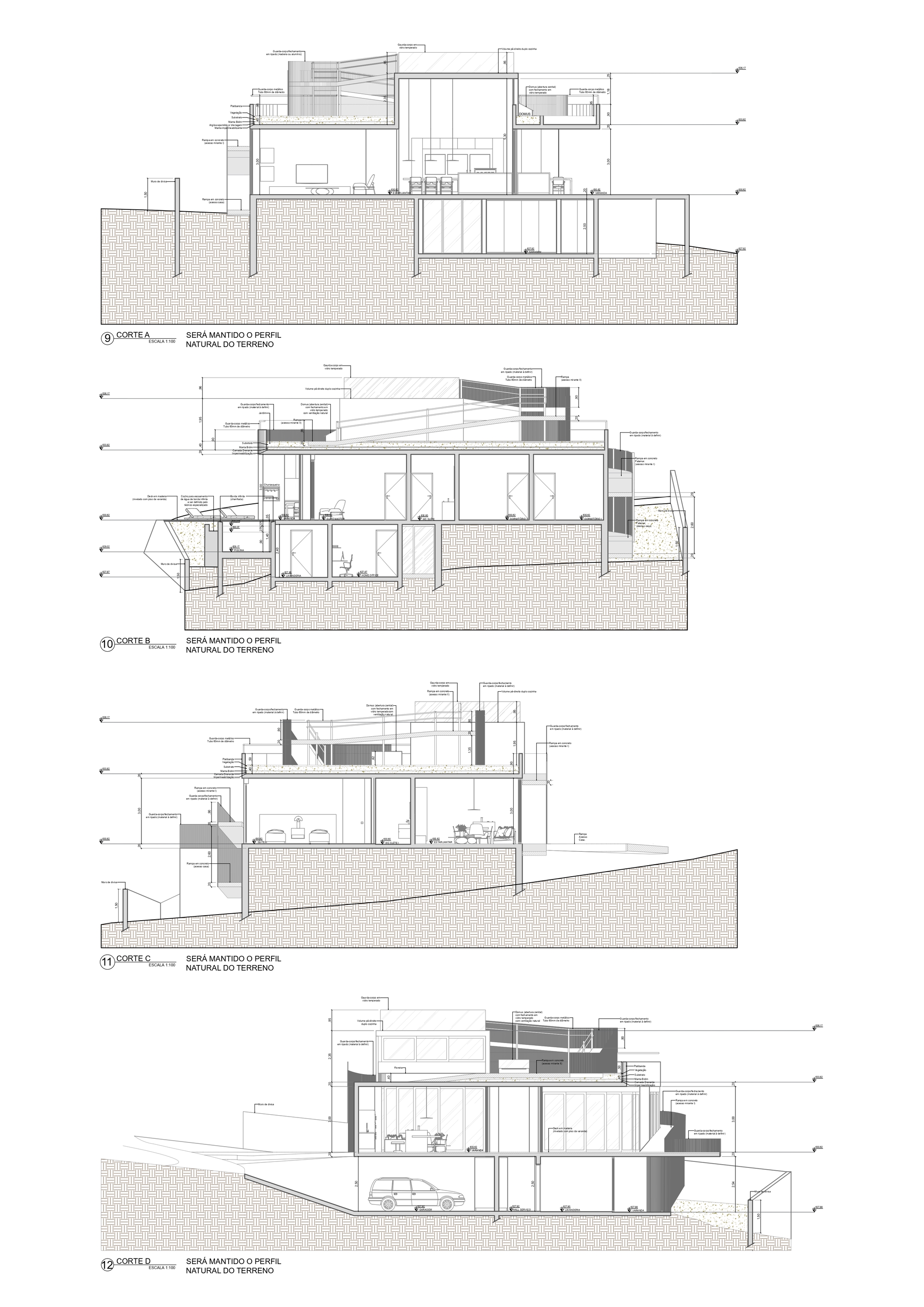 Four sectional drawings showing the building stepping down a sloped site
