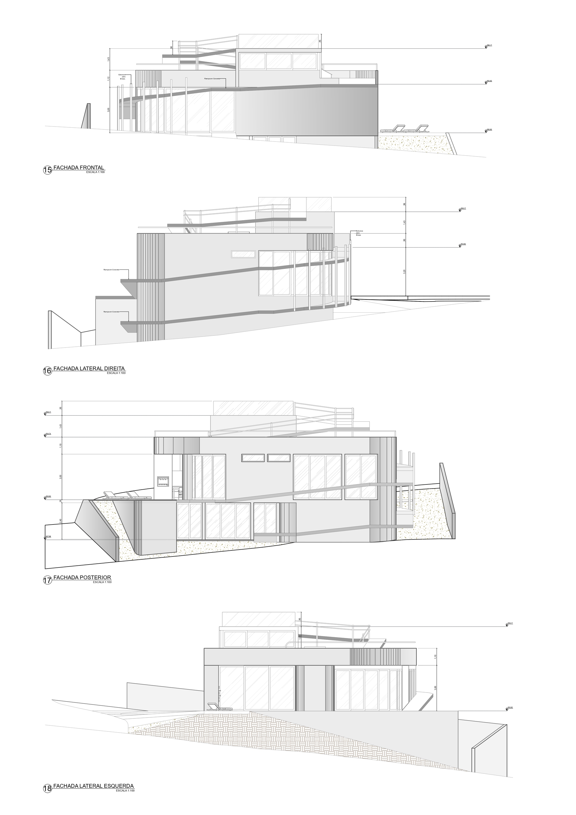 Four elevation drawings showing a multi-level structure with vertical slat screens and cantilevered roof planes on sloping ground