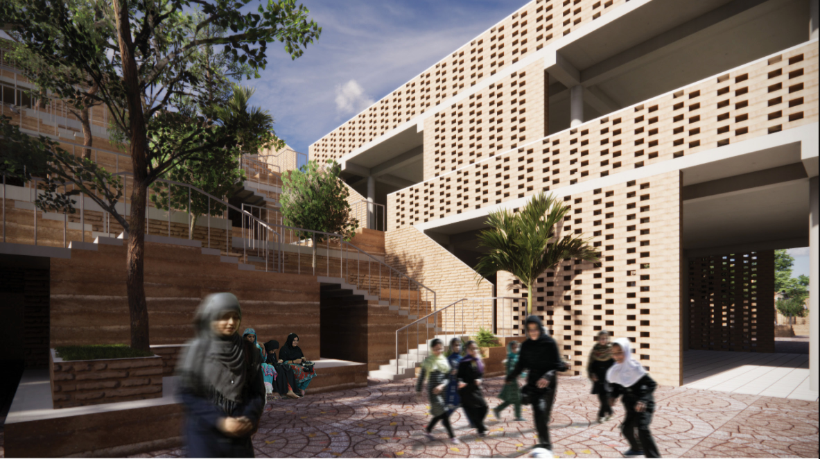 Stepped seating, brick jali screens, and shaded circulation shape a secure community environment.