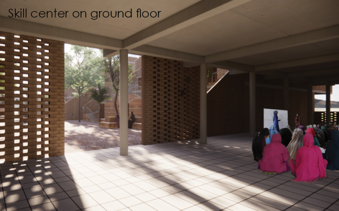 The flexible skill development center provides space for learning, workshops, and vocational training.