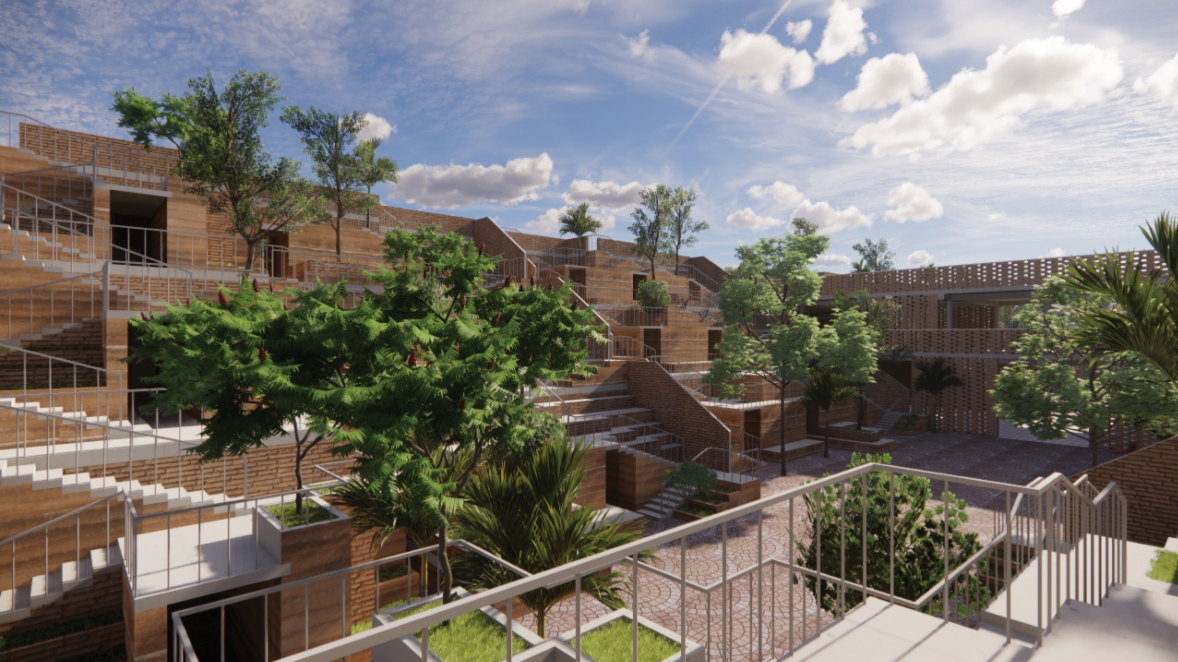 Terraced housing and greenery transform the courtyard into a shared social landscape.