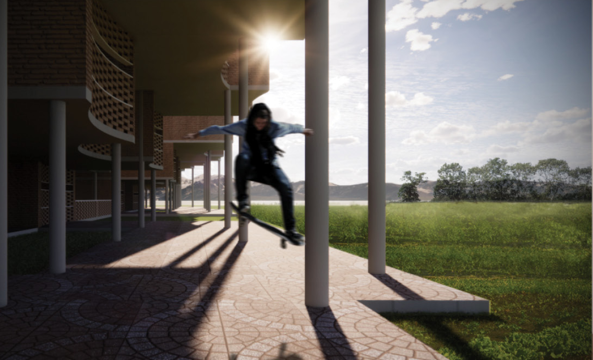Shaded verandas connect residential spaces with open landscapes and areas for recreation.