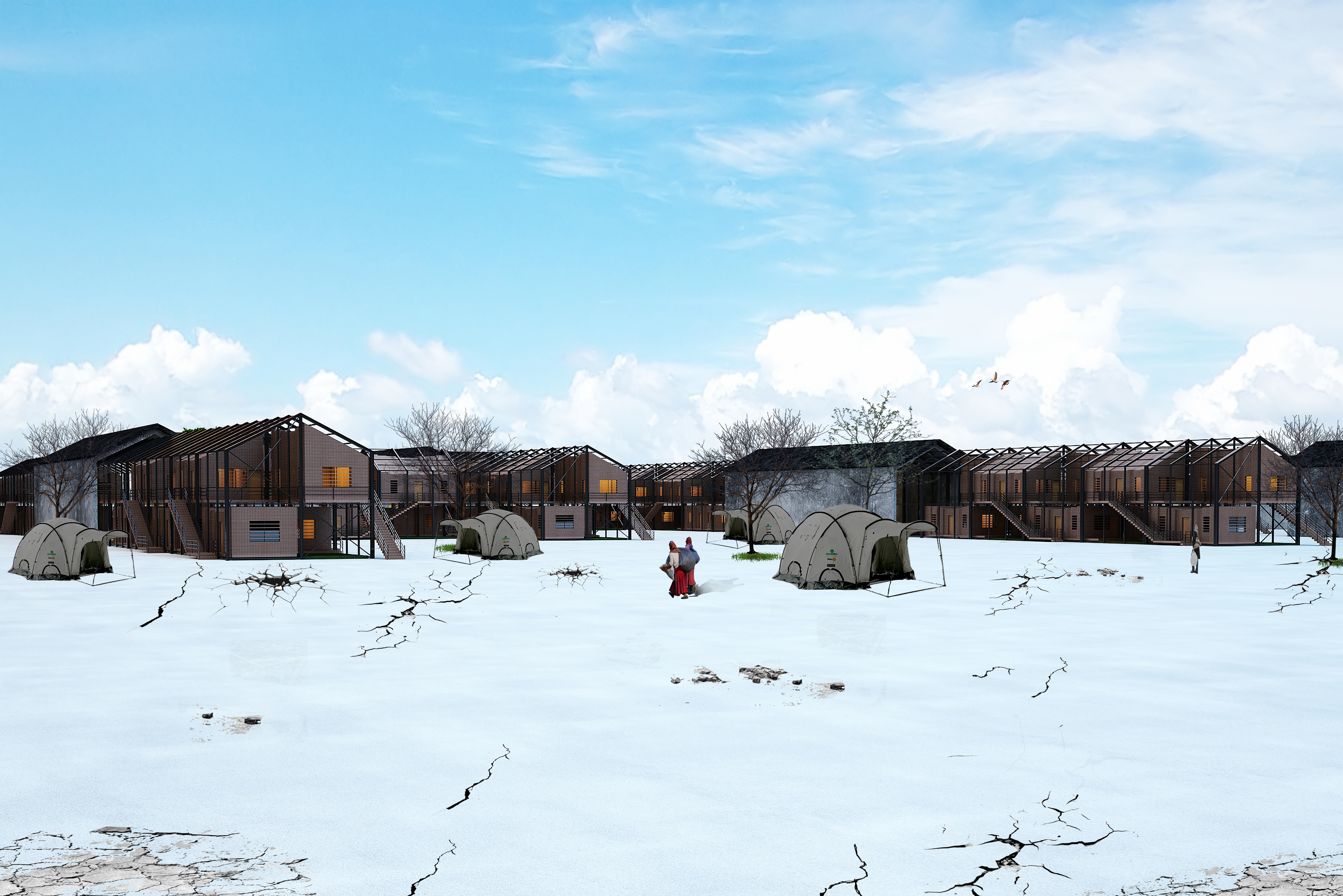 Post-earthquake shelter units activate within the historic shed framework