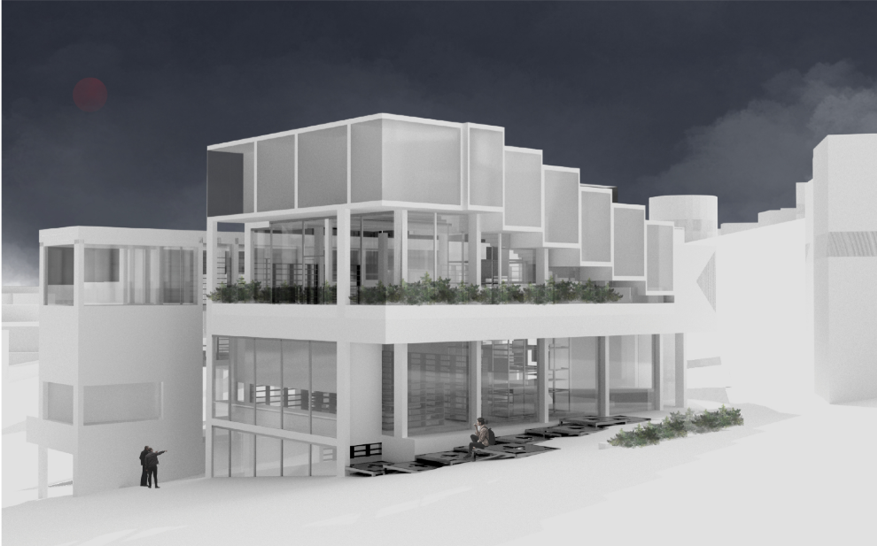 Exterior view of Cyber Library showing its layered volumes, transparent facade, and landscaped terraces.