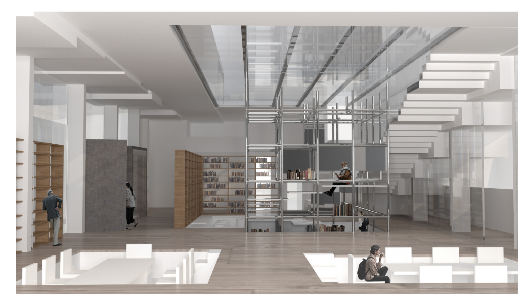 Interior perspective highlighting open reading areas, modular bookshelves, suspended stairs, and interconnected circulation.