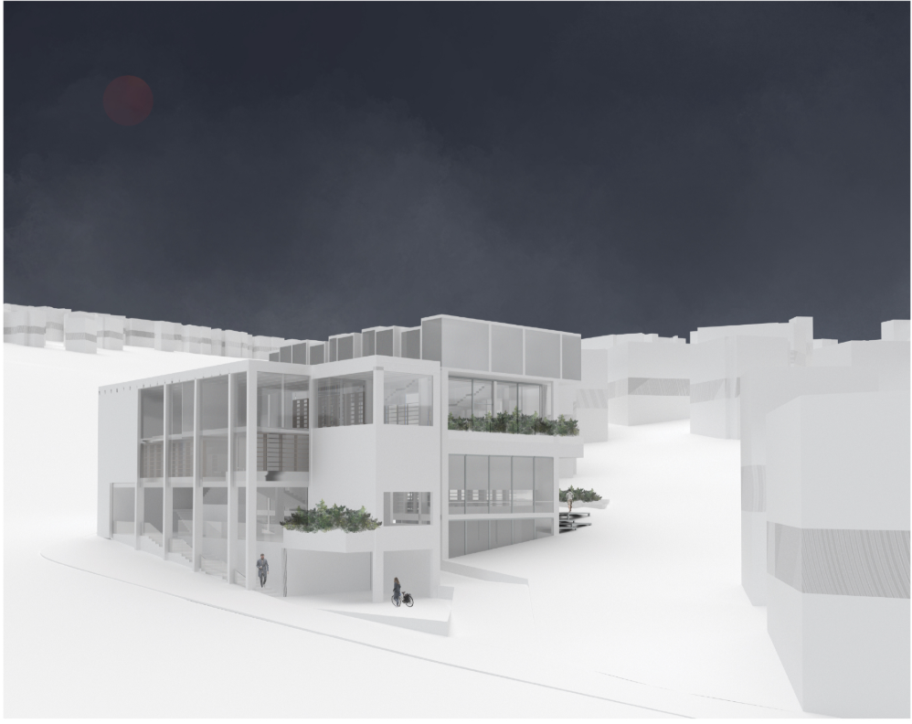 Cyber Library responds to the sloping site through stepped massing, open frames, and planted terraces.