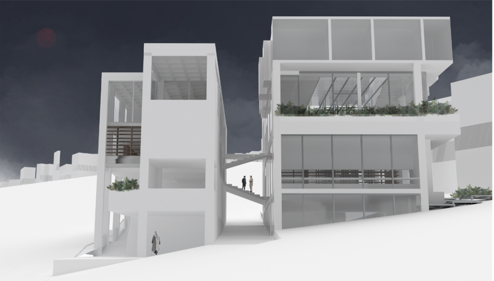 Two interconnected library volumes create bridges, layered circulation, and flexible spaces across the changing terrain.